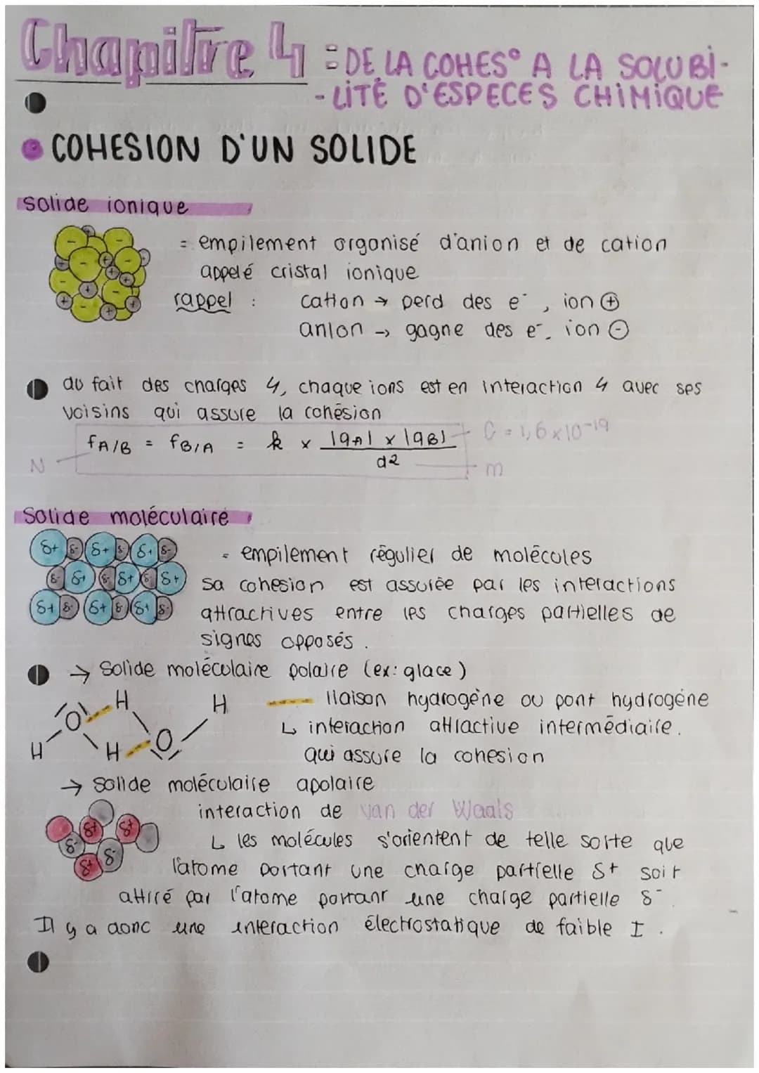 Chapitre 4 DE LA COHES® A LA SOLUBI-
D'ESPECES CHIMIQUE
COHESION D'UN SOLIDE
solide ionique
NT
S+ & 6+8)(8+
4
=
du fait des charges 4, chaqu