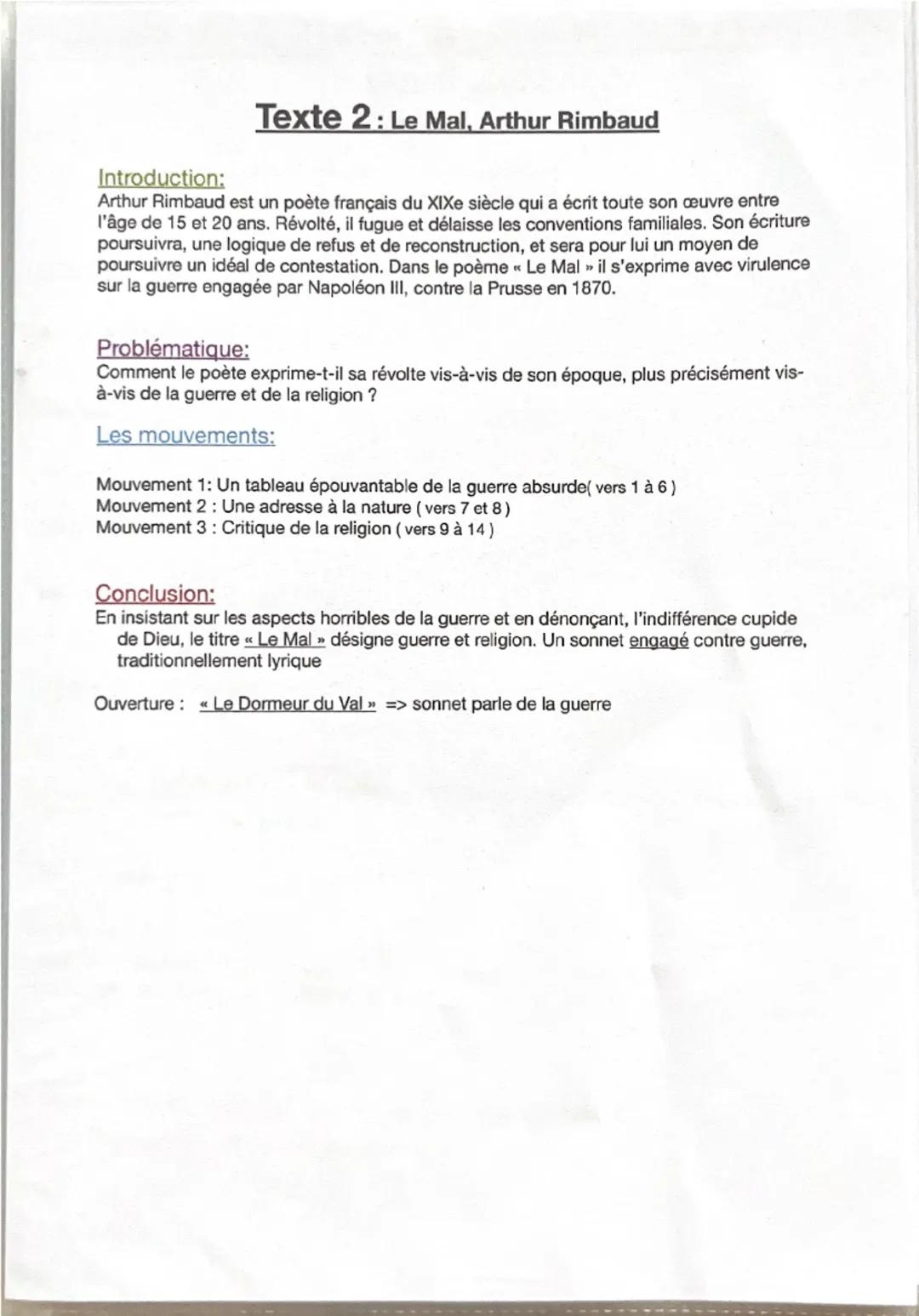 Texte 2: Le Mal, Arthur Rimbaud
Introduction:
Arthur Rimbaud est un poète français du XIXe siècle qui a écrit toute son œuvre entre
l'âge de