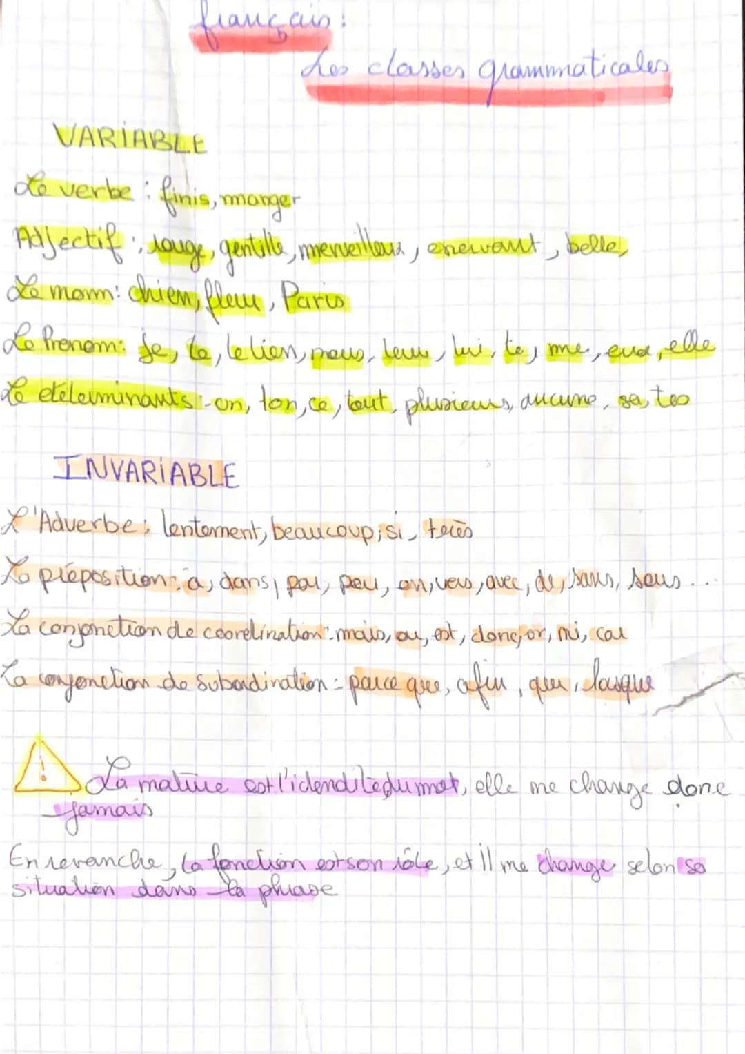 лансай
Les classes grammaticales
VARIABLE
Le verbe: finis, manger
Adjectif: slouge, gentille, merveilleu, enervant, belle,
Le mom: chien, fl