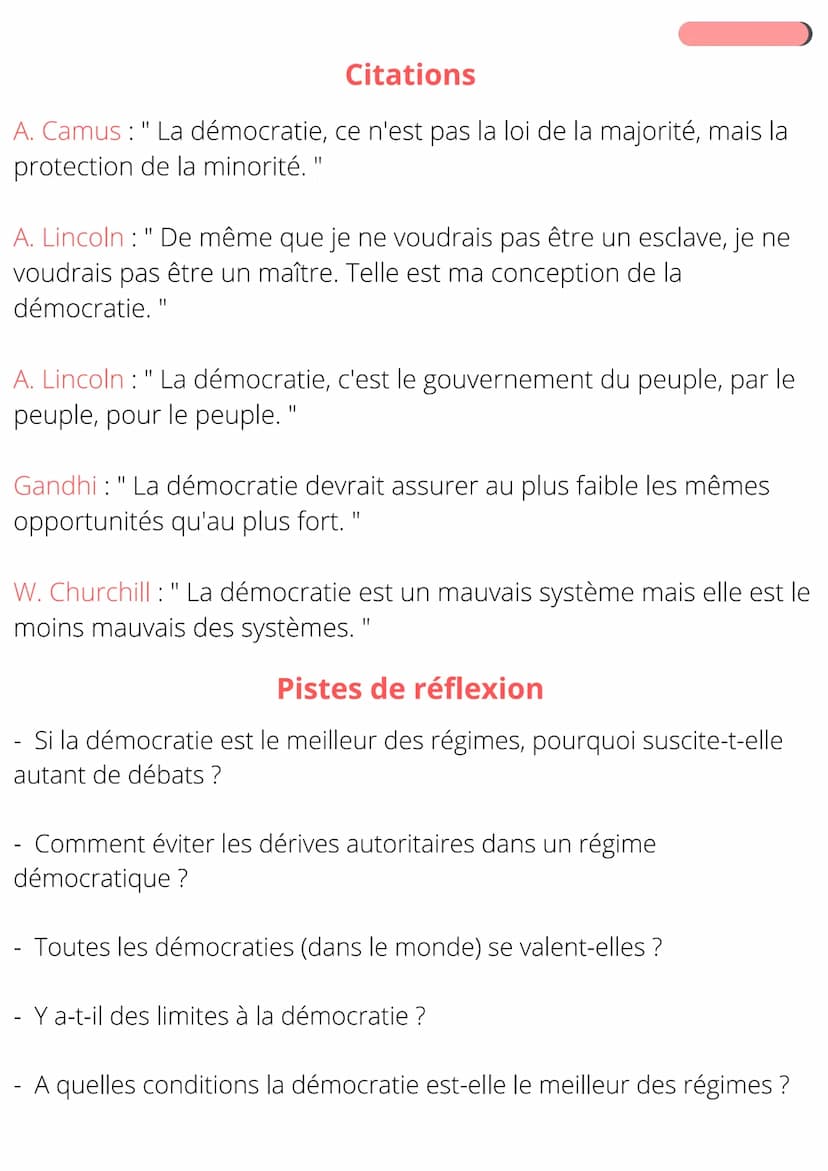 Les grands principes de la
démocratie
Démocratie: (demos cratein en grec) qui signifie le pouvoir par
le peuple. Début à Athènes au Vème siè