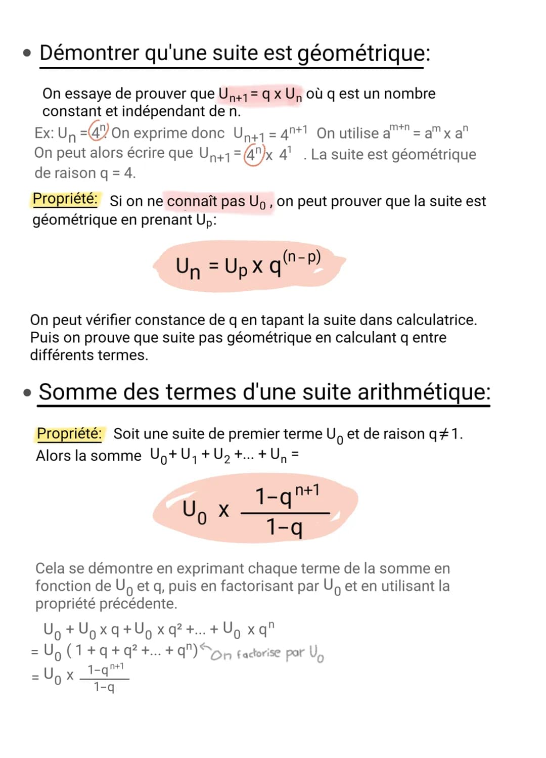 • Démontrer qu'une suite est géométrique:
On essaye de prouver que Un+1 = q x Un où q est un nombre
constant et indépendant de n.
Ex: Un
=47