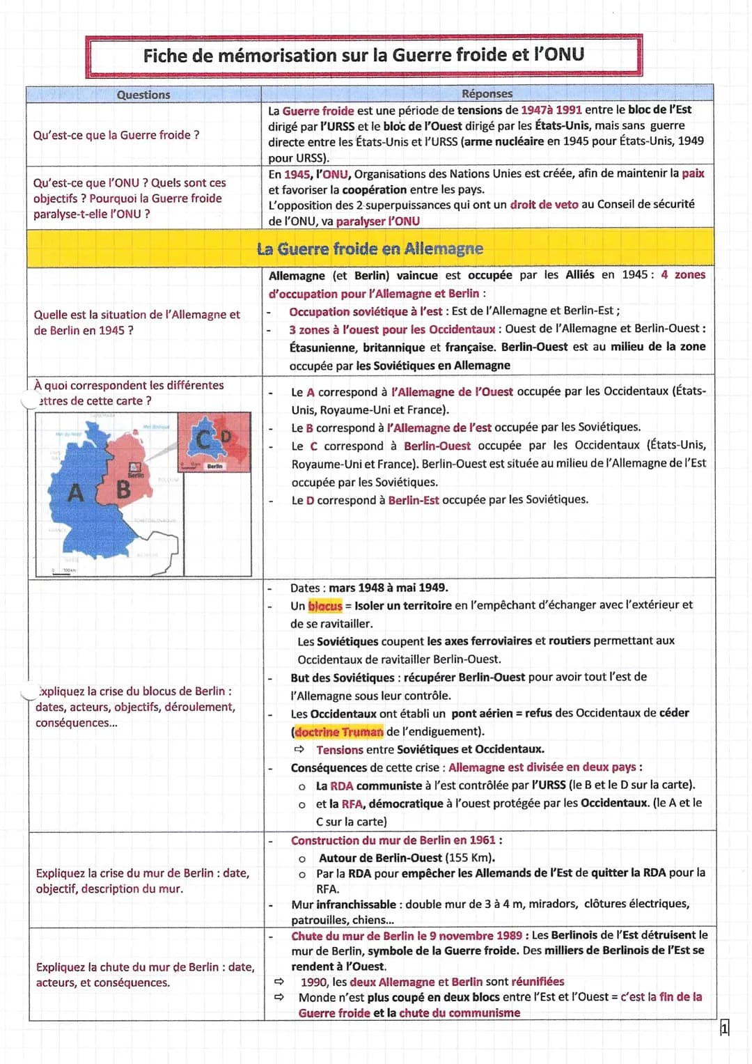 Qu'est-ce que la Guerre froide?
Questions
Qu'est-ce que l'ONU ? Quels sont ces
objectifs ? Pourquoi la Guerre froide
paralyse-t-elle l'ONU ?