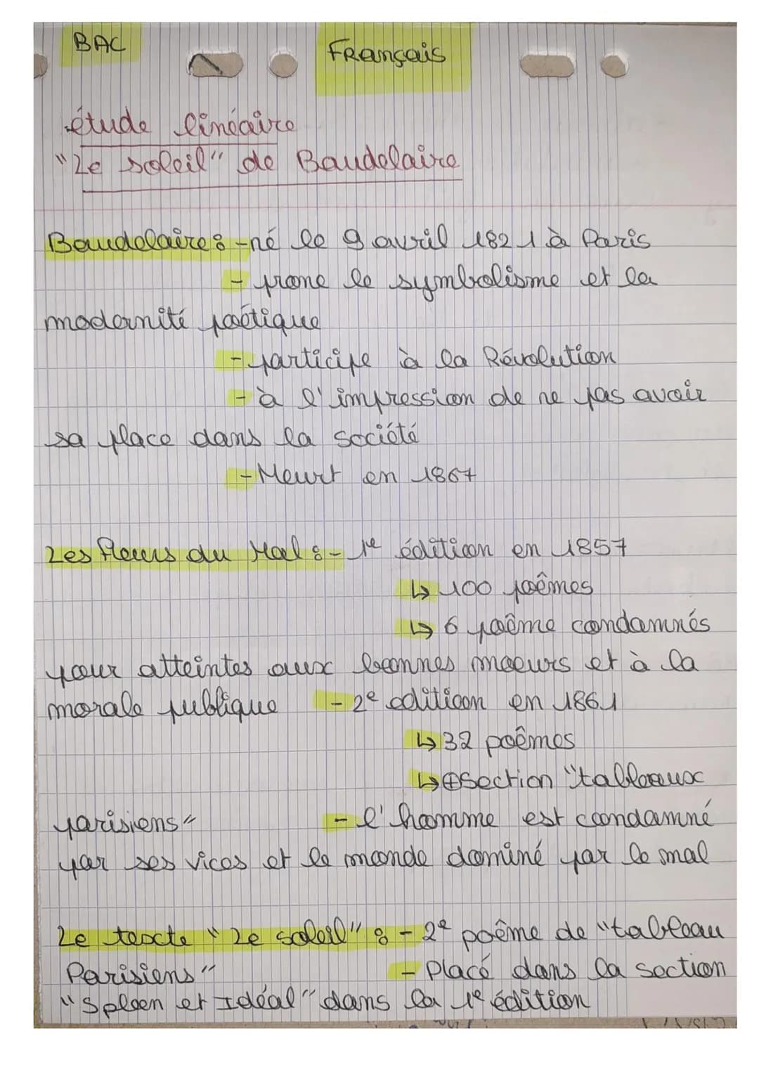 BAC
Français
étude linéaire
"Le soleil" de Baudelaire
Baudelaire : -né le gavril 182 1 à Paris
prone le symbolisme et la
modernité poétique
