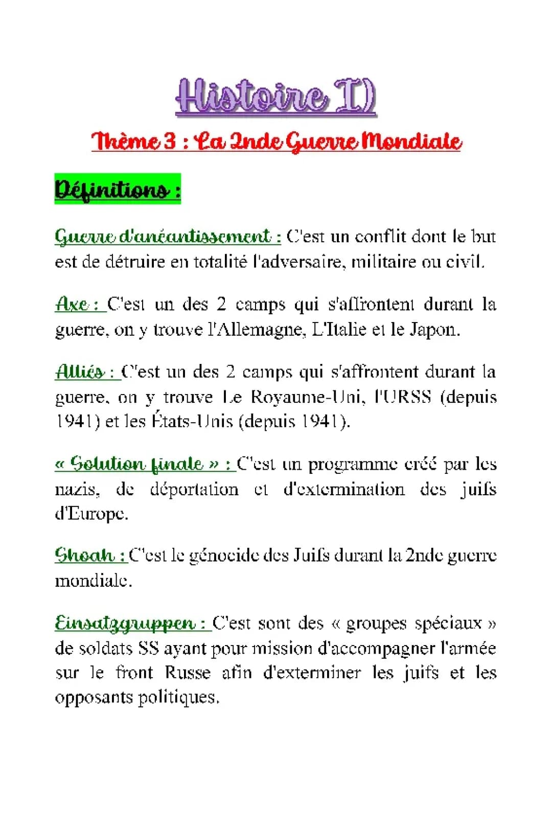 Résumé et Exposé sur la Seconde Guerre mondiale pour les Terminales