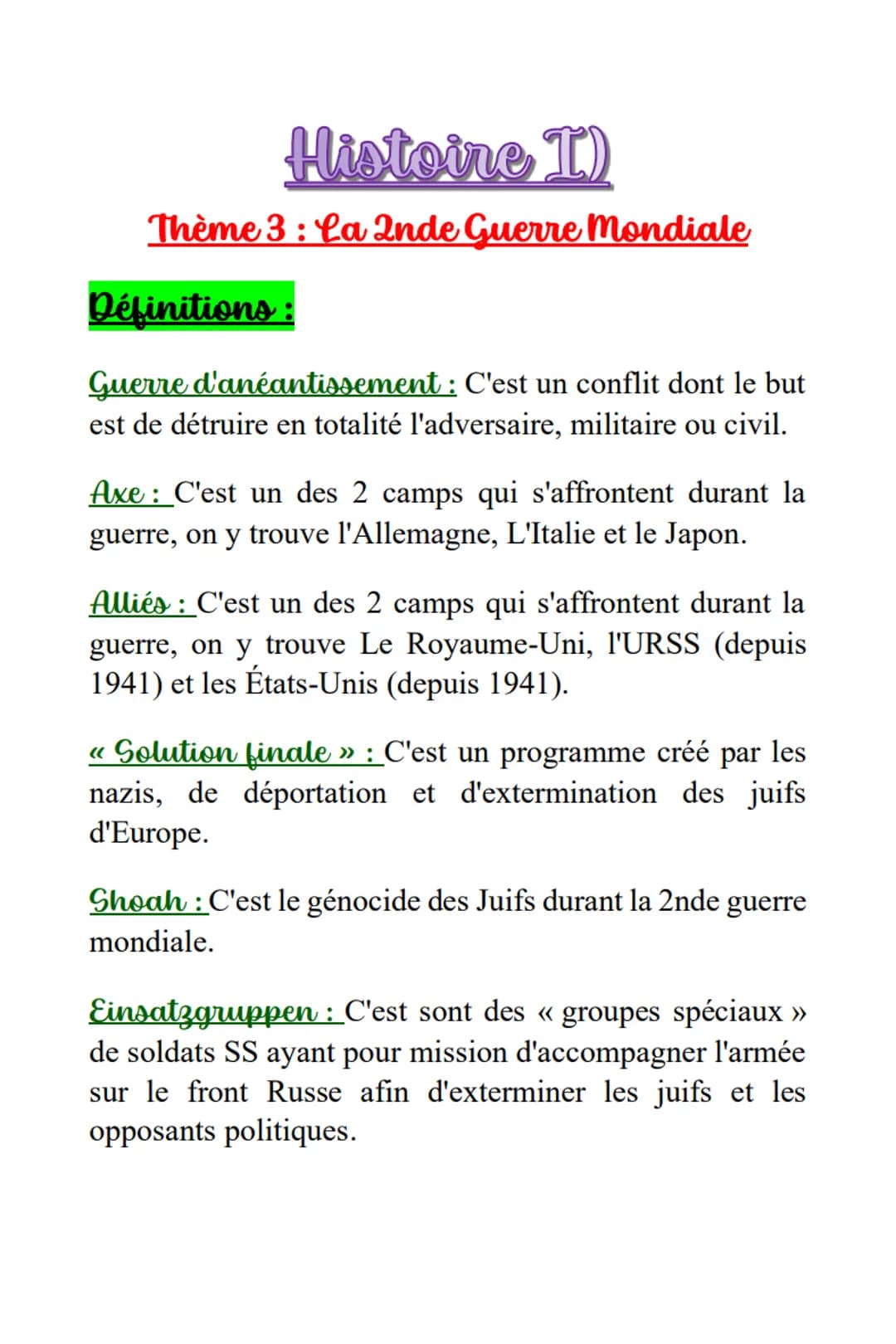 Histoire I)
Thème 3: La 2nde Guerre mondiale
Définitions :
Guerre d'anéantissement : C'est un conflit dont le but
est de détruire en totalit
