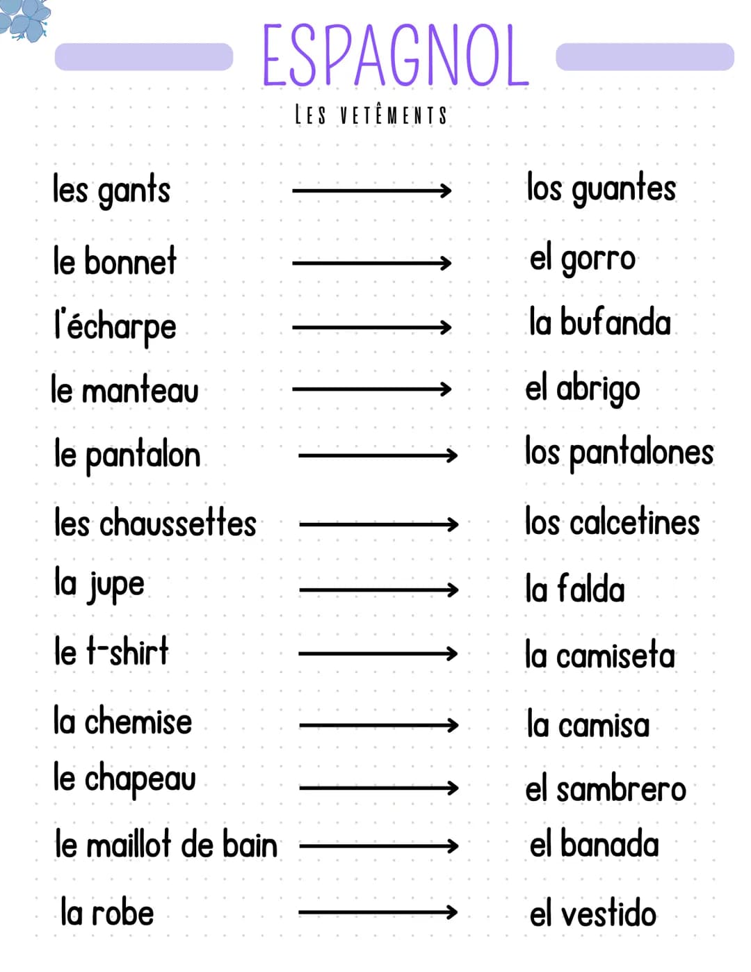ESPAGNOL
LES VETEMENTS
les gants
le bonnet
l'écharpe
le manteau
le pantalon
les chaussettes
la jupe
le t-shirt
la chemise
le chapeau
le mail