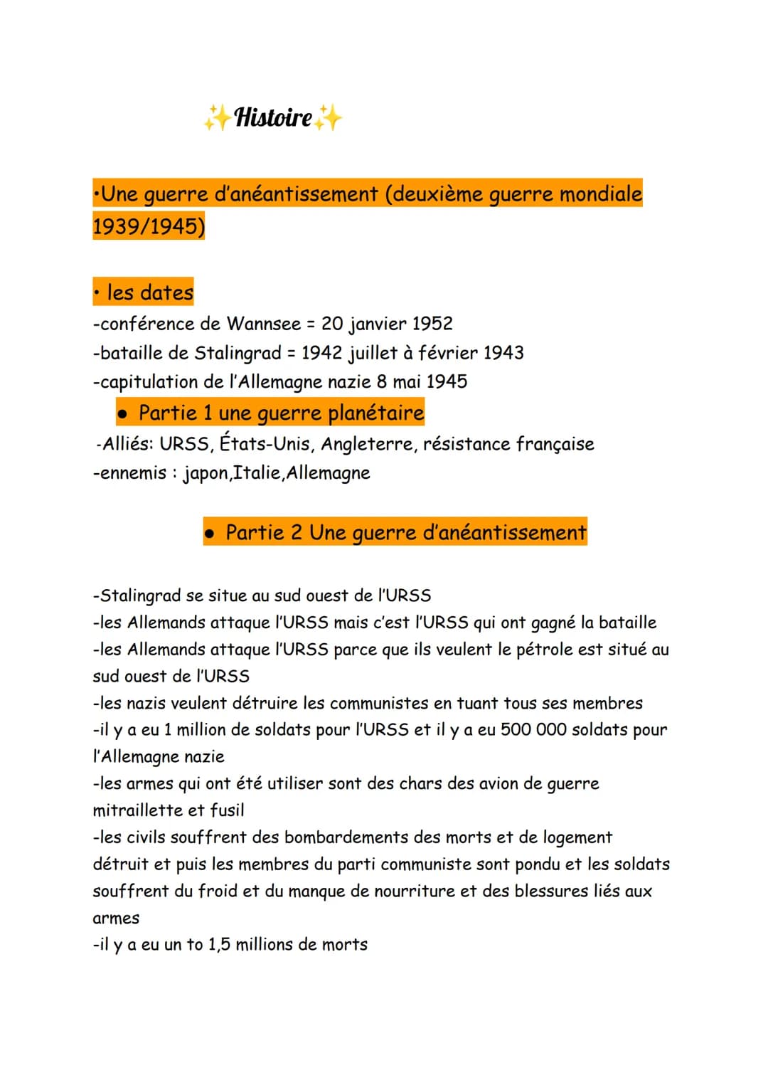 Histoire
Une guerre d'anéantissement (deuxième guerre mondiale
1939/1945)
les dates
-conférence de Wannsee = 20 janvier 1952
-bataille de St