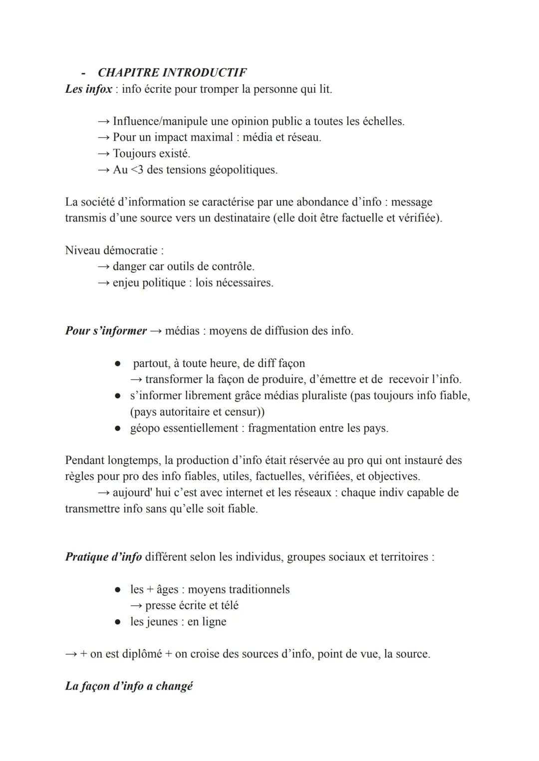 CHAPITRE INTRODUCTIF
Les infox: info écrite pour tromper la personne qui lit.
Influence/manipule une opinion public a toutes les échelles.
→
