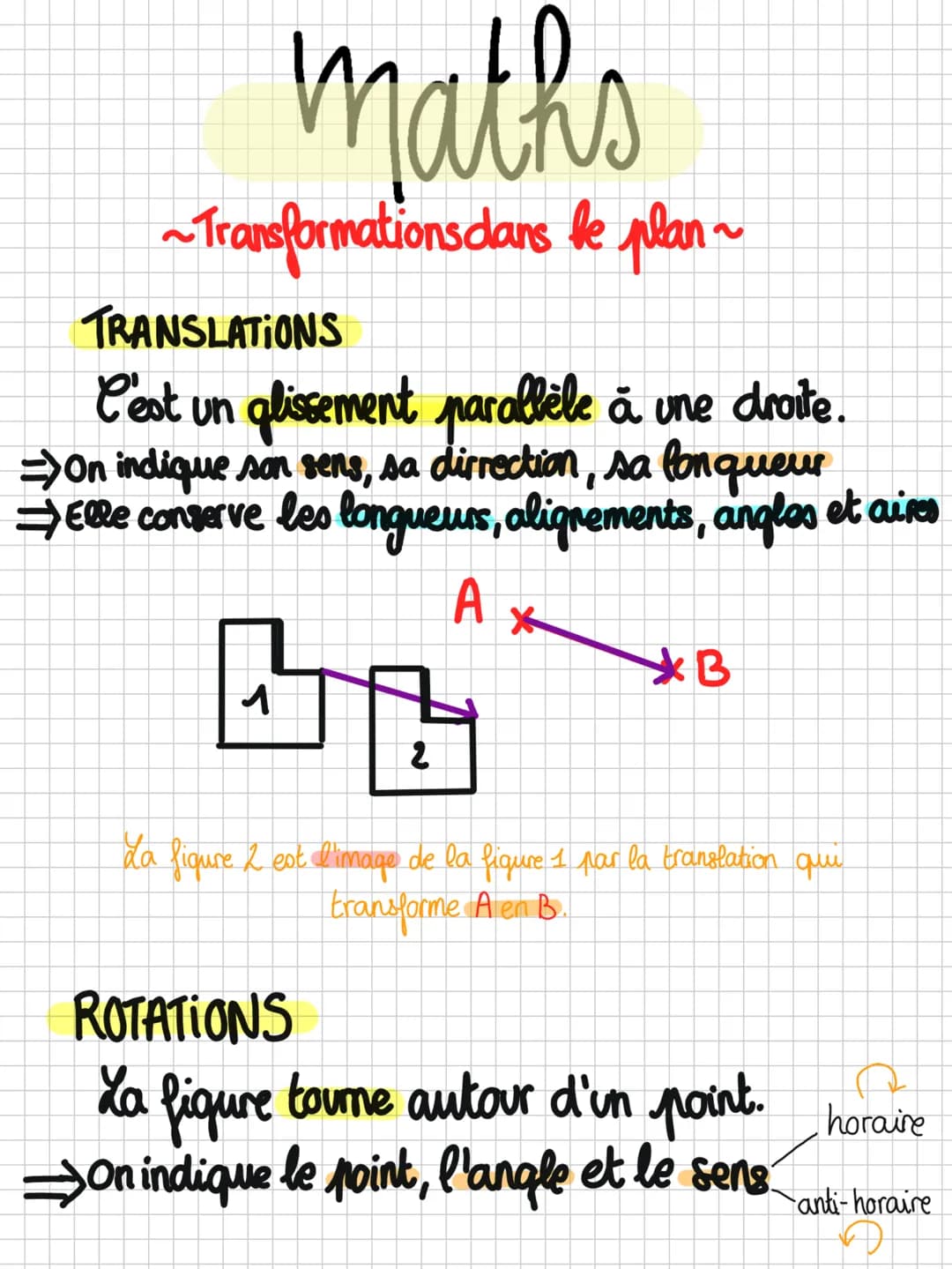 maths
~ Transformations dans le plan ~
TRANSLATIONS
C'est un glissement parallèle à une droite.
=> On indique son sens, sa dirrection, sa lo