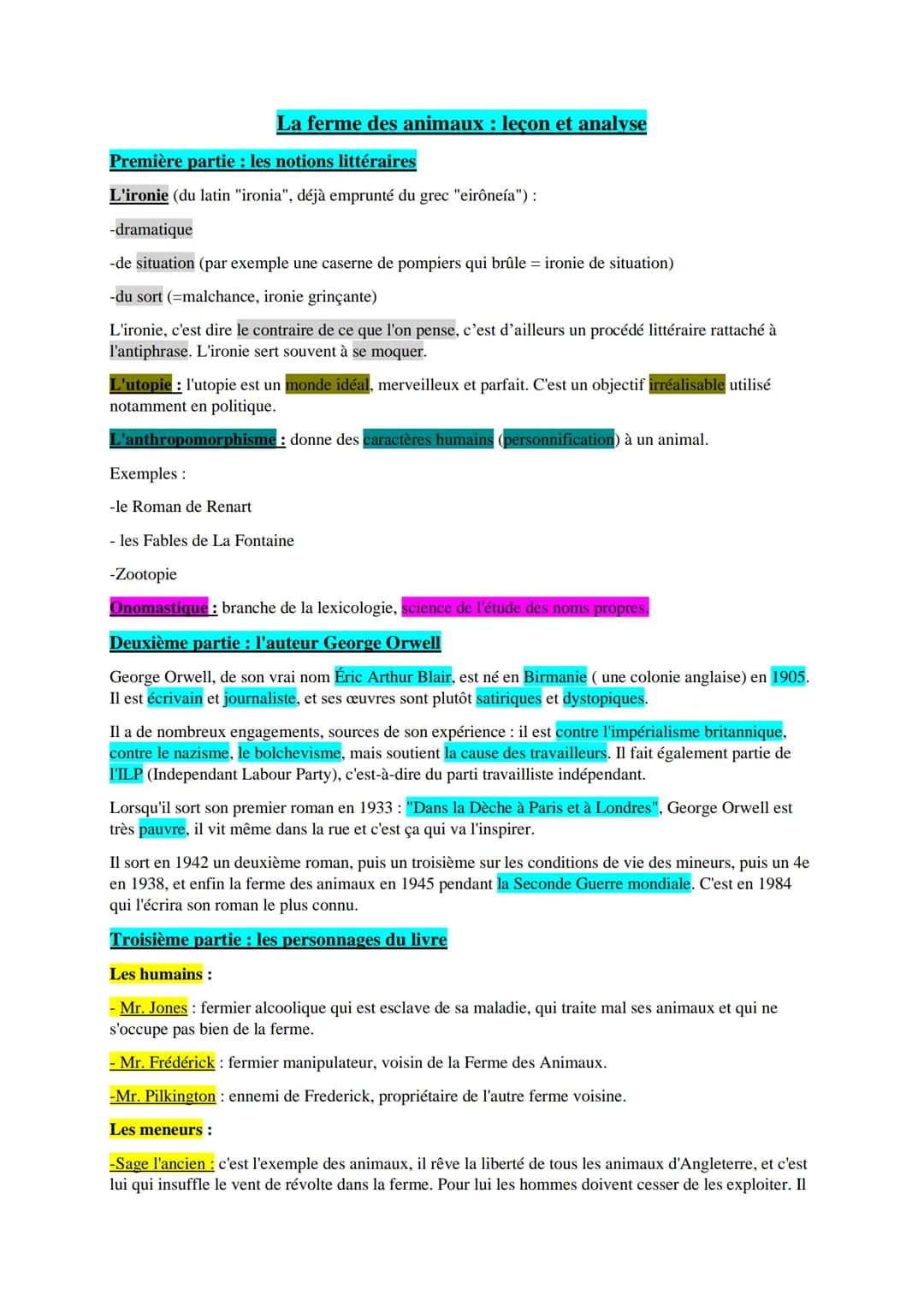 La ferme des animaux : leçon et analyse
Première partie : les notions littéraires
L'ironie (du latin "ironia", déjà emprunté du grec "eirône