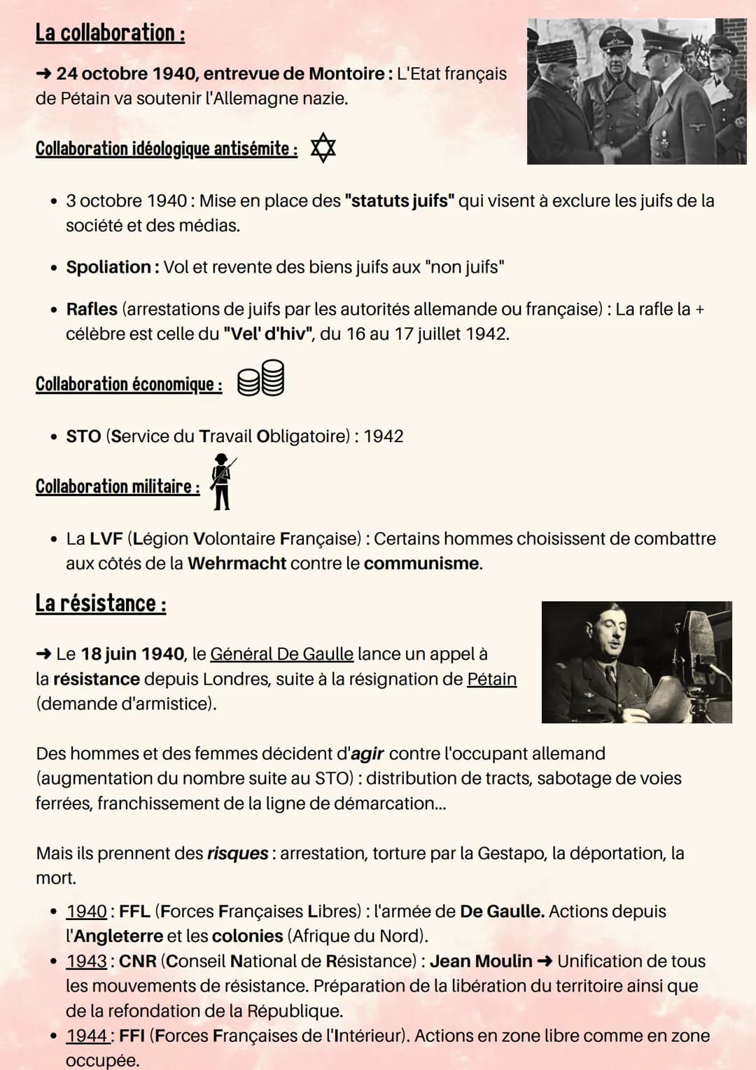 La Seconde Guerre mondiale: La France vaincue et occupée, le
Contexte :
régime de Vichy, collaboration, résistance
• 1er sep. 1939: Les trou