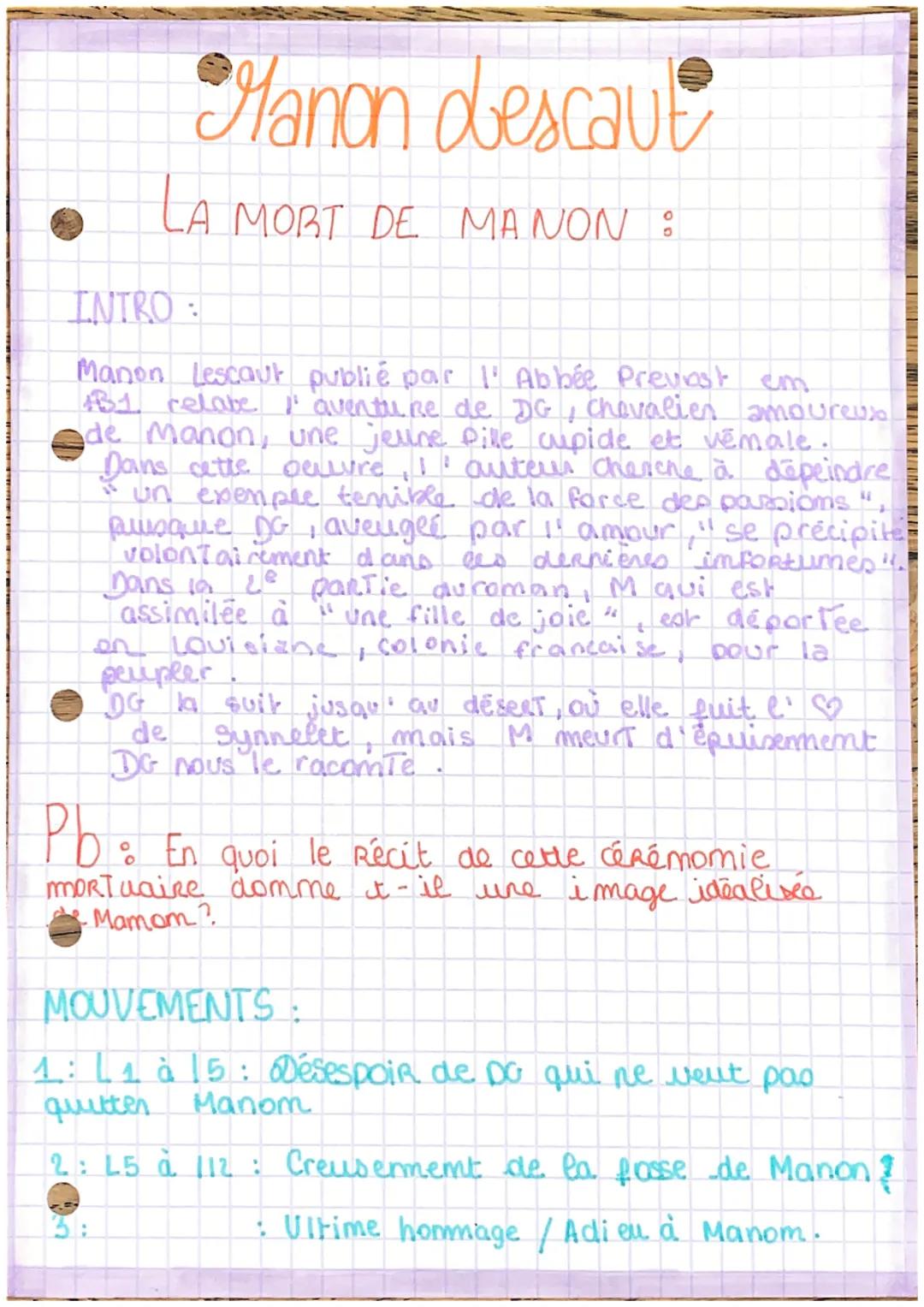 Manon descaut
MORT DE MANON :
LA
INTRO:
Manon Lescaut publié par l'Abbée Prevost
131 relate aventure de DG, Chevalien
de Manon, une jeune fi