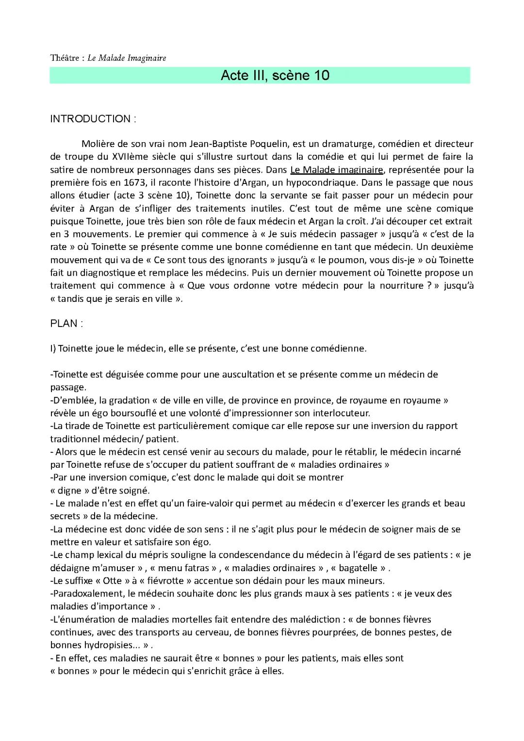 Le Malade imaginaire Acte 3 Scène 10 Analyse linéaire et Introduction PDF