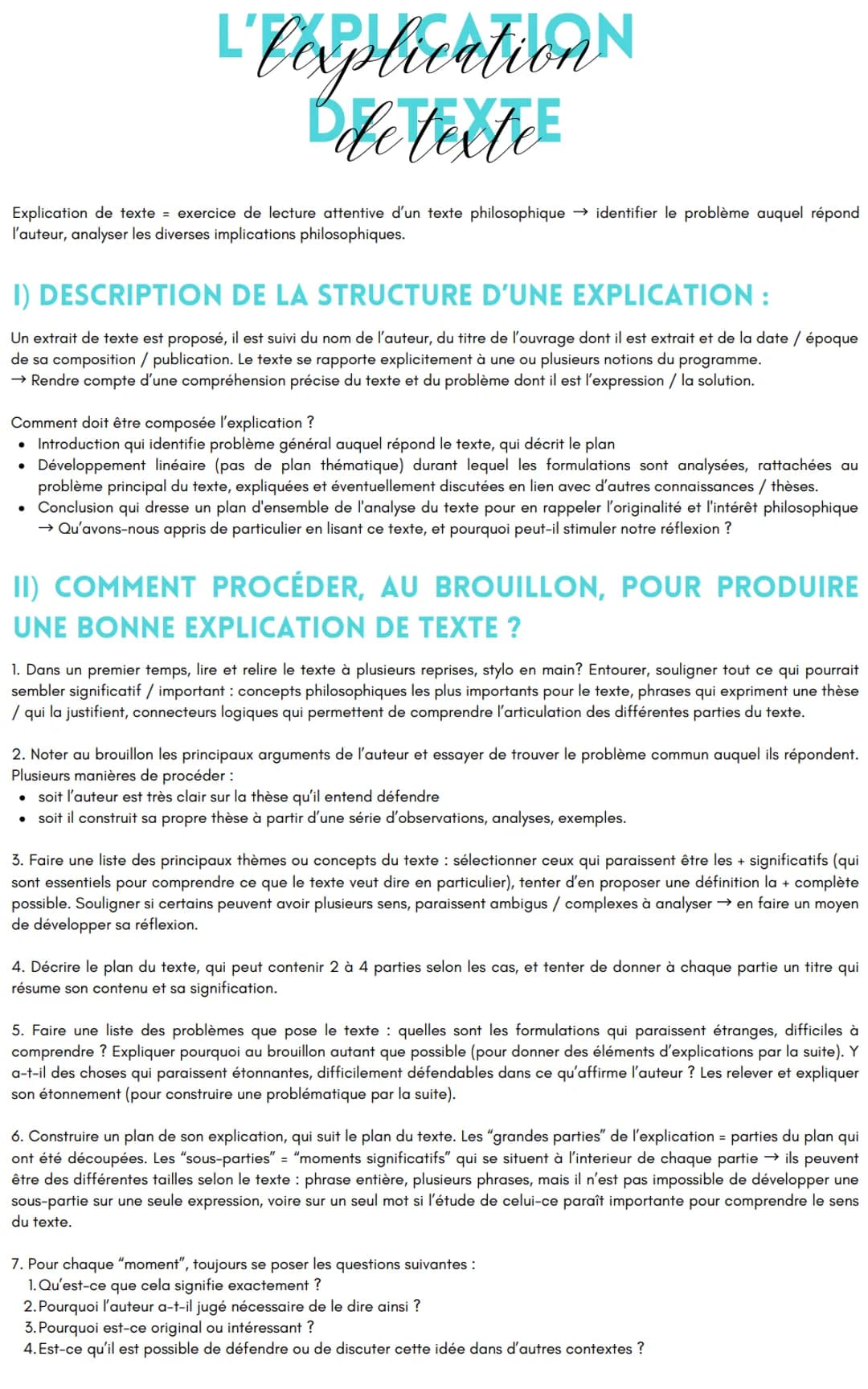Explication de texte = exercice de lecture attentive d'un texte philosophique identifier le problème auquel répond
l'auteur, analyser les di