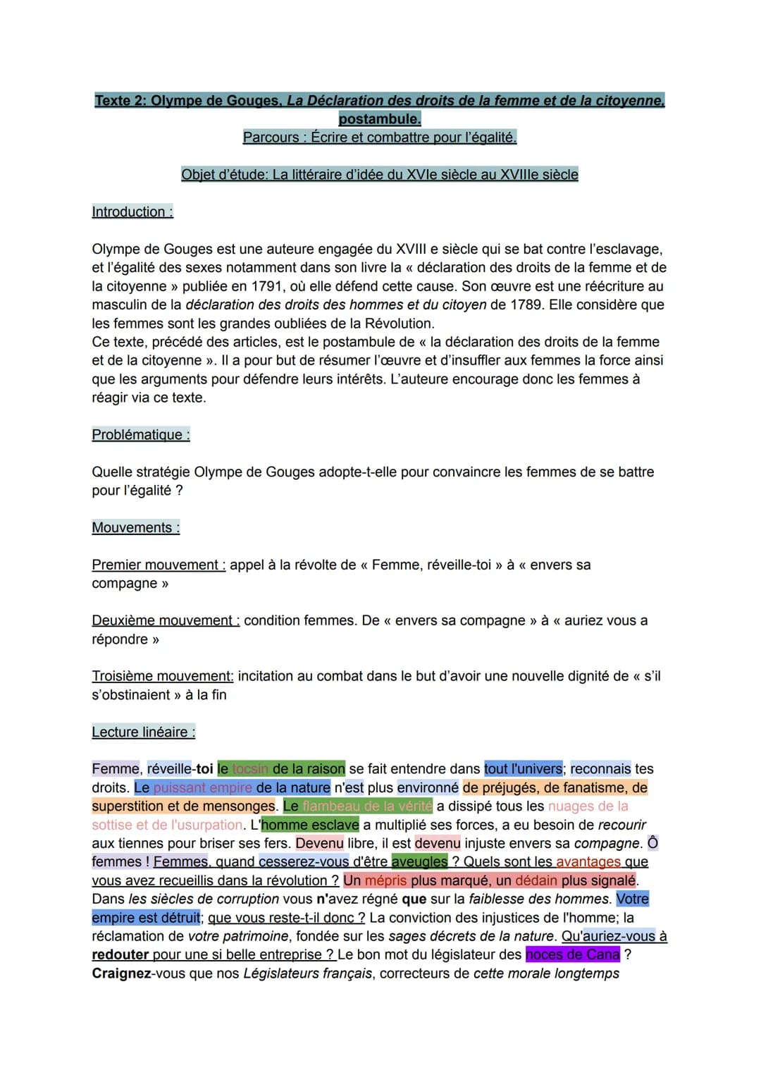 Texte 2: Olympe de Gouges. La Déclaration des droits de la femme et de la citoyenne,
postambule.
Parcours : Écrire et combattre pour l'égali