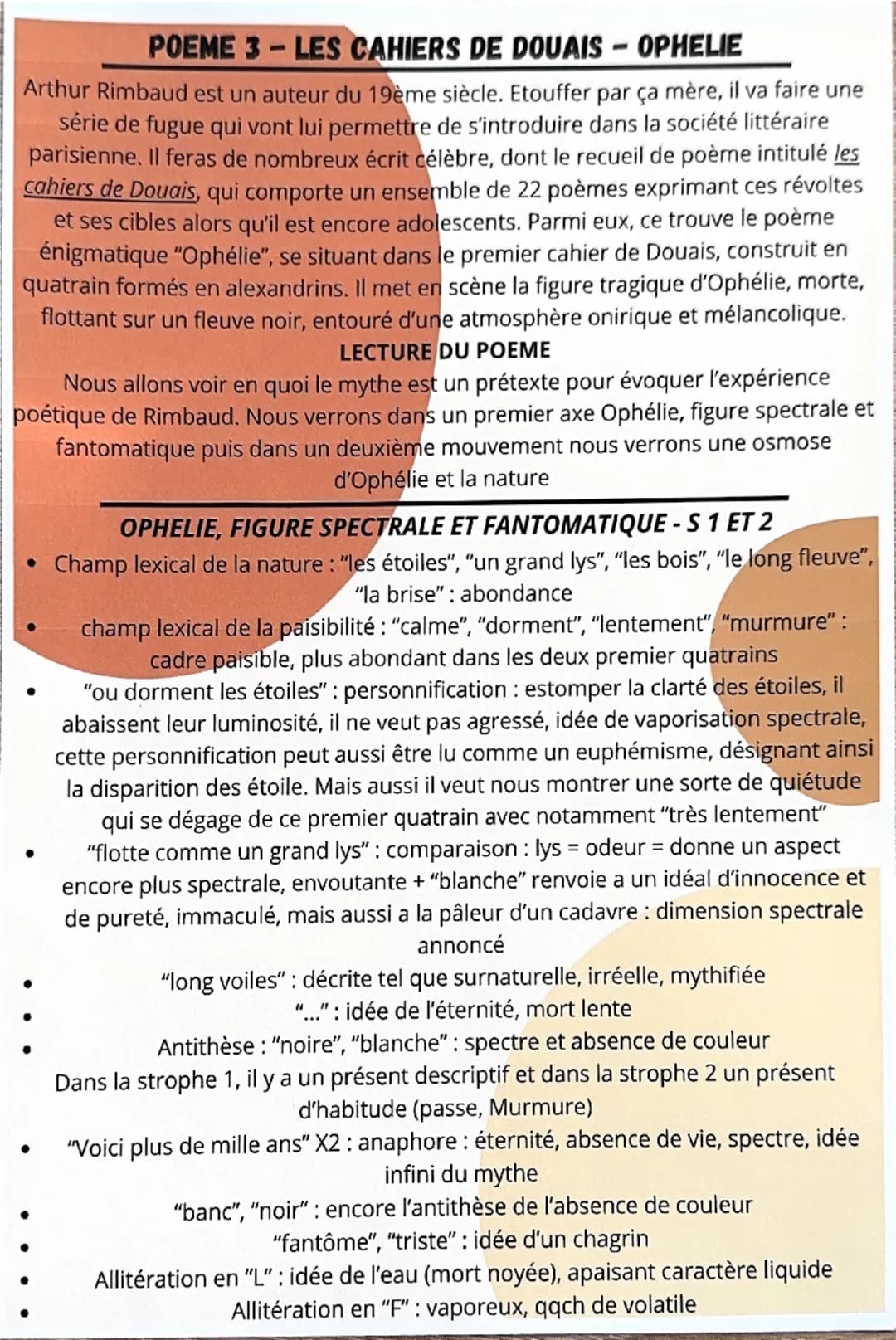 Ophélie - les cahiers de douais - analyse linéaire