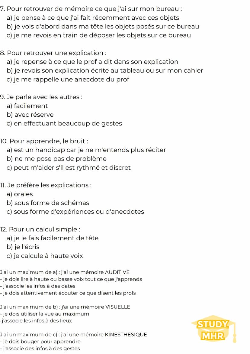 Méthodologie Test de la mémoire
d'apprentissage
Objectif : Connaître son type de mémoire pour adapter ses révisions
Entoure la réponse qui t