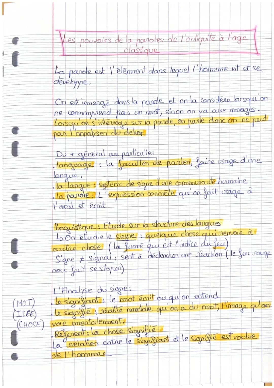 (MOT)
(IDEE)
(CHOSE)
a
Les pouvoirs de la paroles de l'antiquité à l'age
classique
La parole est l'élément dans lequel l'homme vit et se
dev