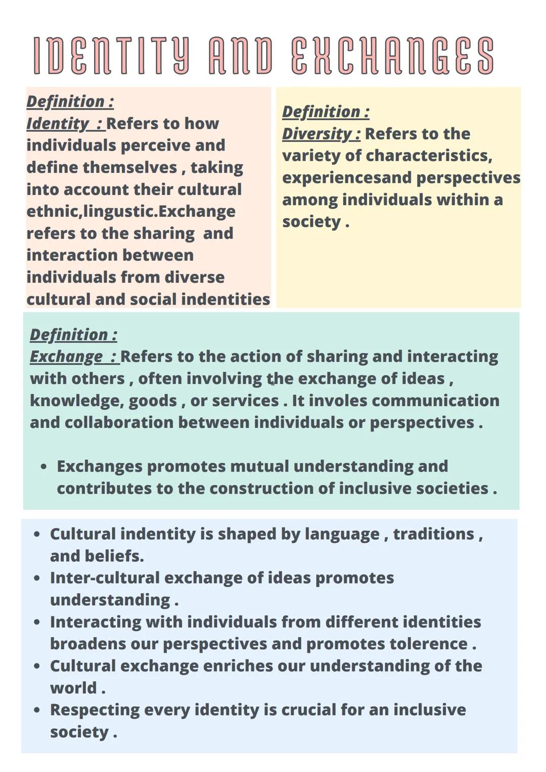 IDENTITY AND EXCHANGES
Definition:
Identity: Refers to how
individuals perceive and
define themselves, taking
into account their cultural
et