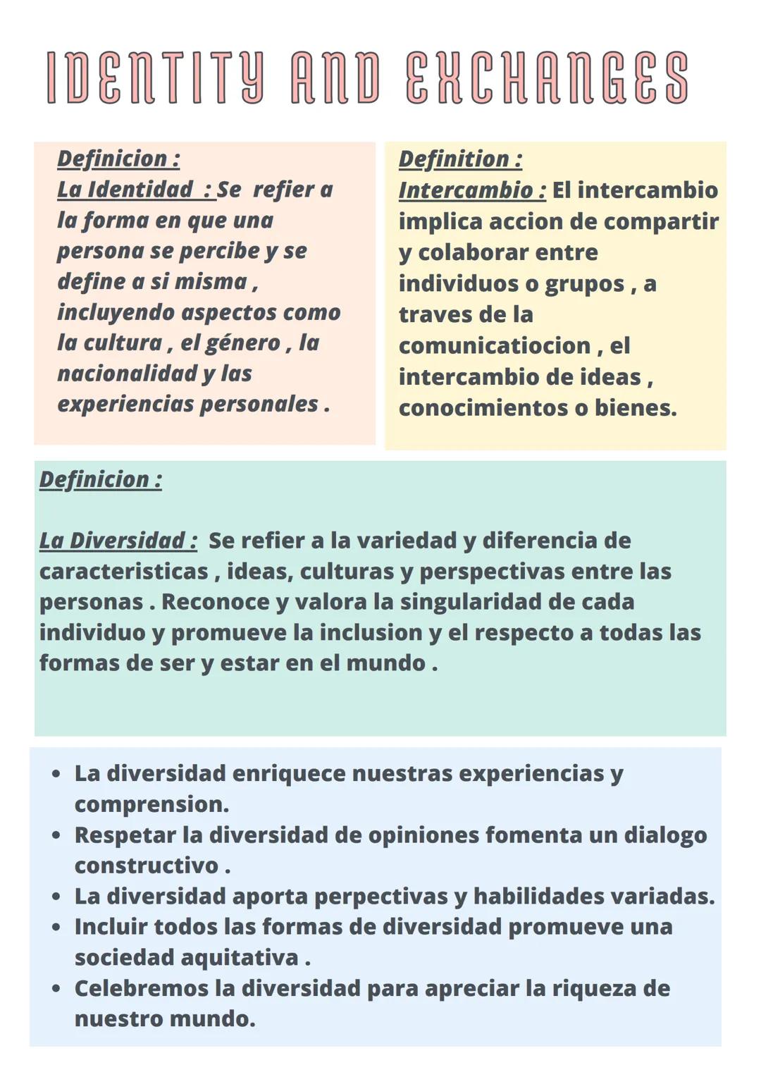 IDENTITY AND EXCHANGES
Definition:
Identity: Refers to how
individuals perceive and
define themselves, taking
into account their cultural
et