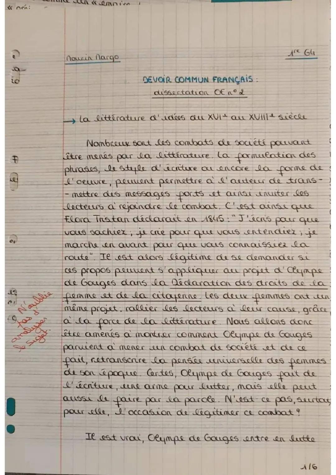 Résumé et dissertation sur la Déclaration des Droits de la Femme et de la Citoyenne d'Olympe de Gouges