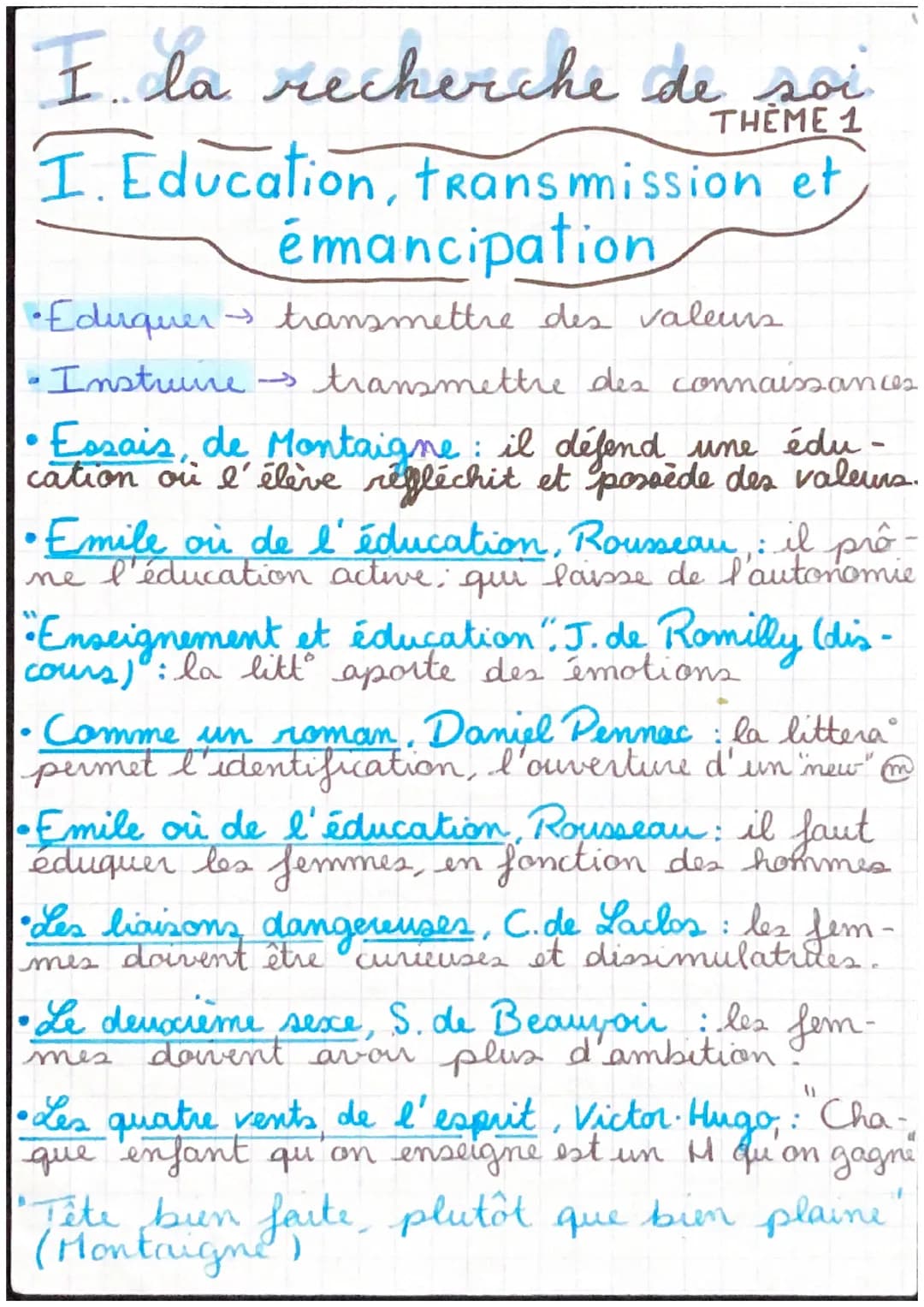 I la recherche de soi
THEME 1
I. Education, transmission et
émancipation
• Eduquer transmettre des valeurs
•Instruire.
→
- transmettre des c