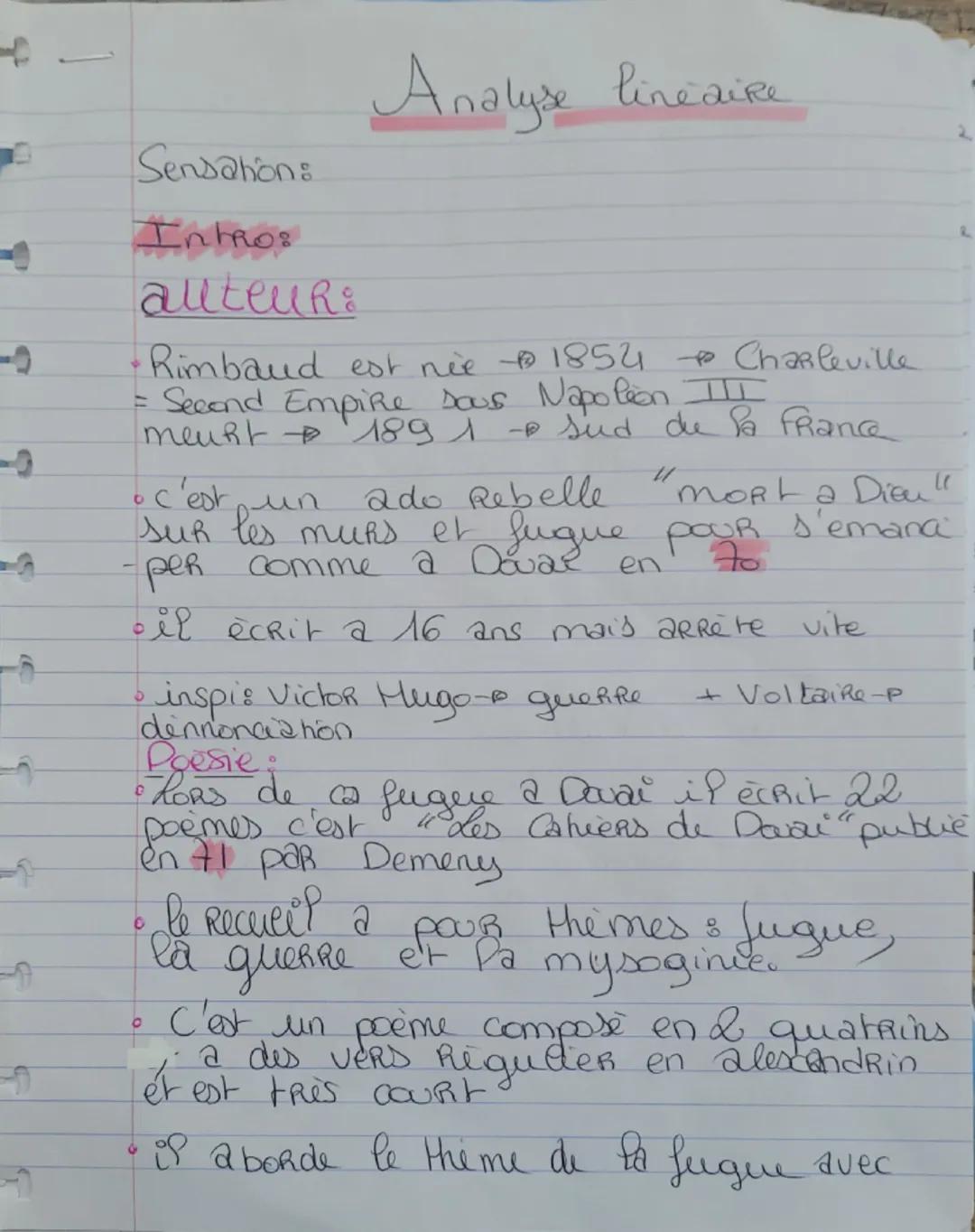 --- OCR Start ---
Analyse linéaire
Sensation:
Intro:
auteur:
Rimbaud est née 1854 → Charleville
Second Empire sous Napoléon III
meurt → 1891
