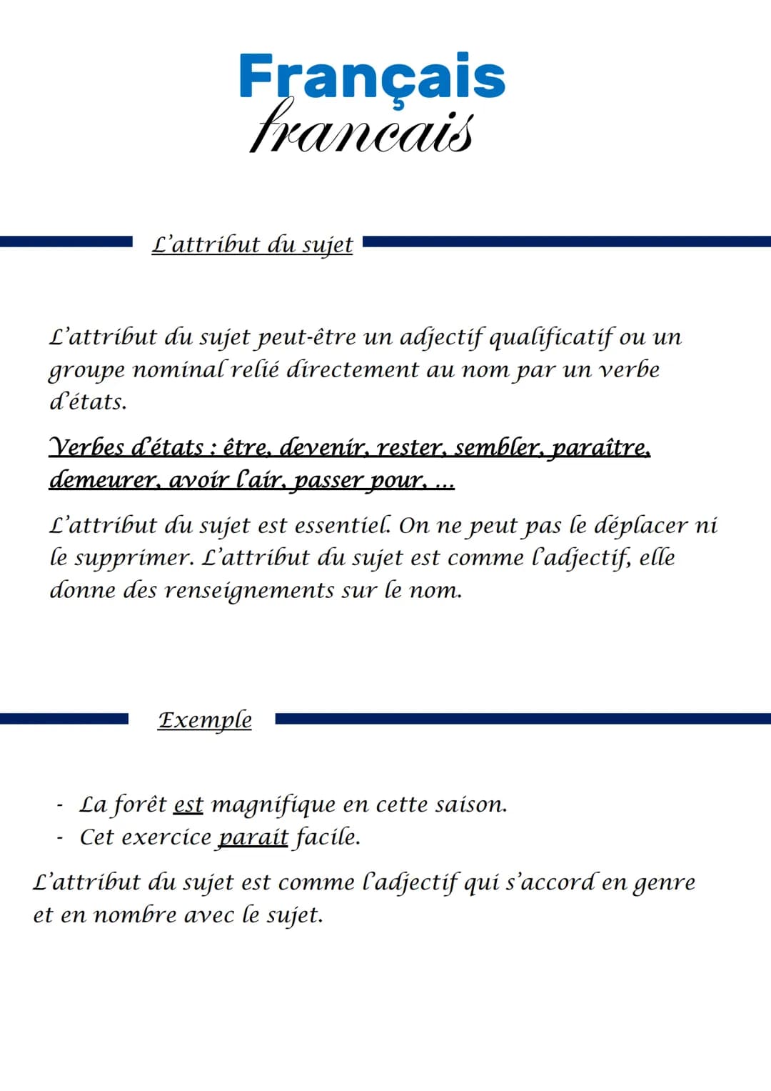 Français
francais
L'attribut du sujet
L'attribut du sujet peut-être un adjectif qualificatif ou un
groupe nominal relié directement au nom p