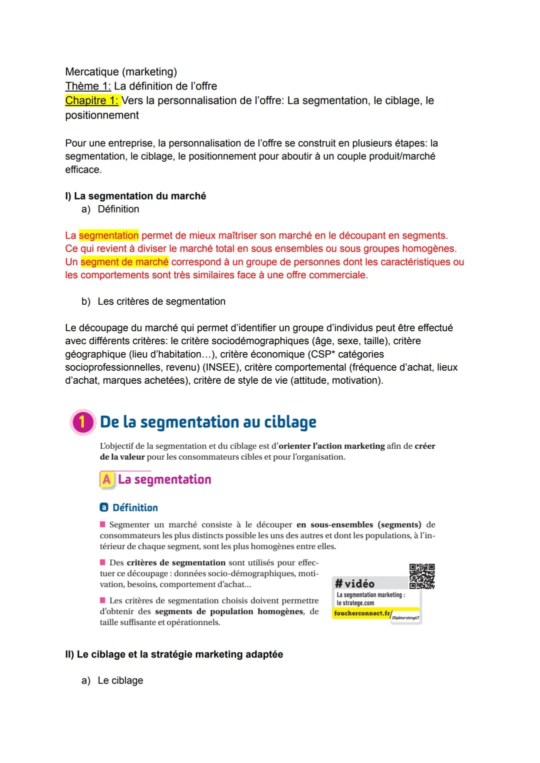 Mercatique (marketing)
Thème 1: La définition de l'offre
Chapitre 1: Vers la personnalisation de l'offre: La segmentation, le ciblage, le
po