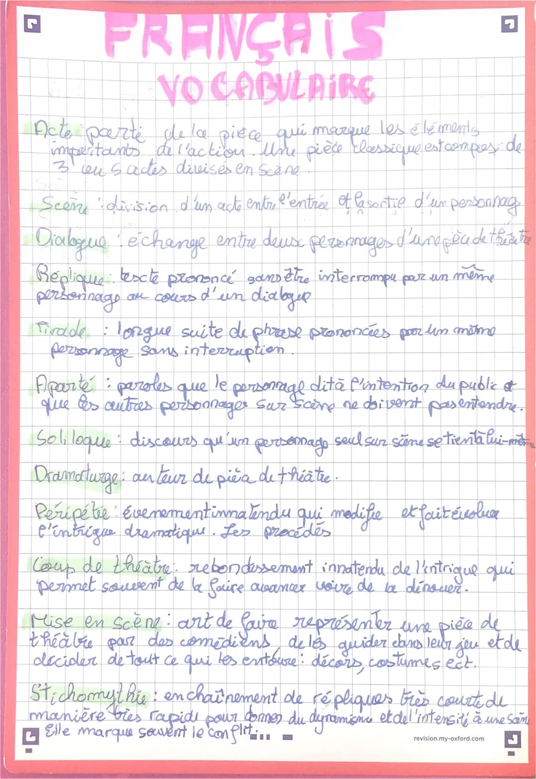 FRANÇAIS
VO
CABULAIRE
Acte parte de la pièce qui marque les éléments
importants de l'action. Une pièce classique est compos de
3 ou s actes 
