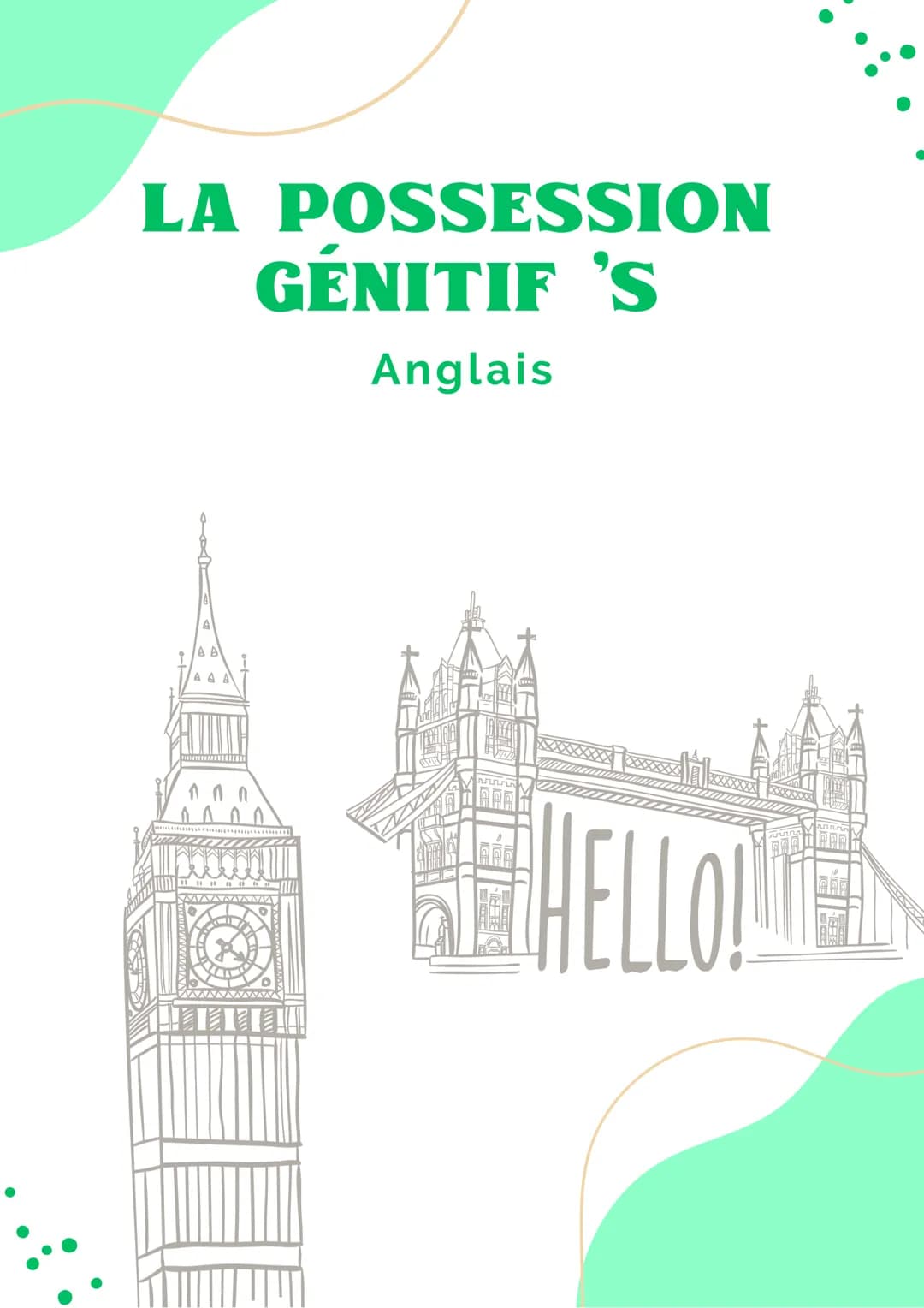 LA POSSESSION
GÉNITIF 'S
Anglais
AAA
100
ETELELE!!!
HELLO! Le génitif permet de mettre en relation 2 éléments
afin d'établir un lien de poss