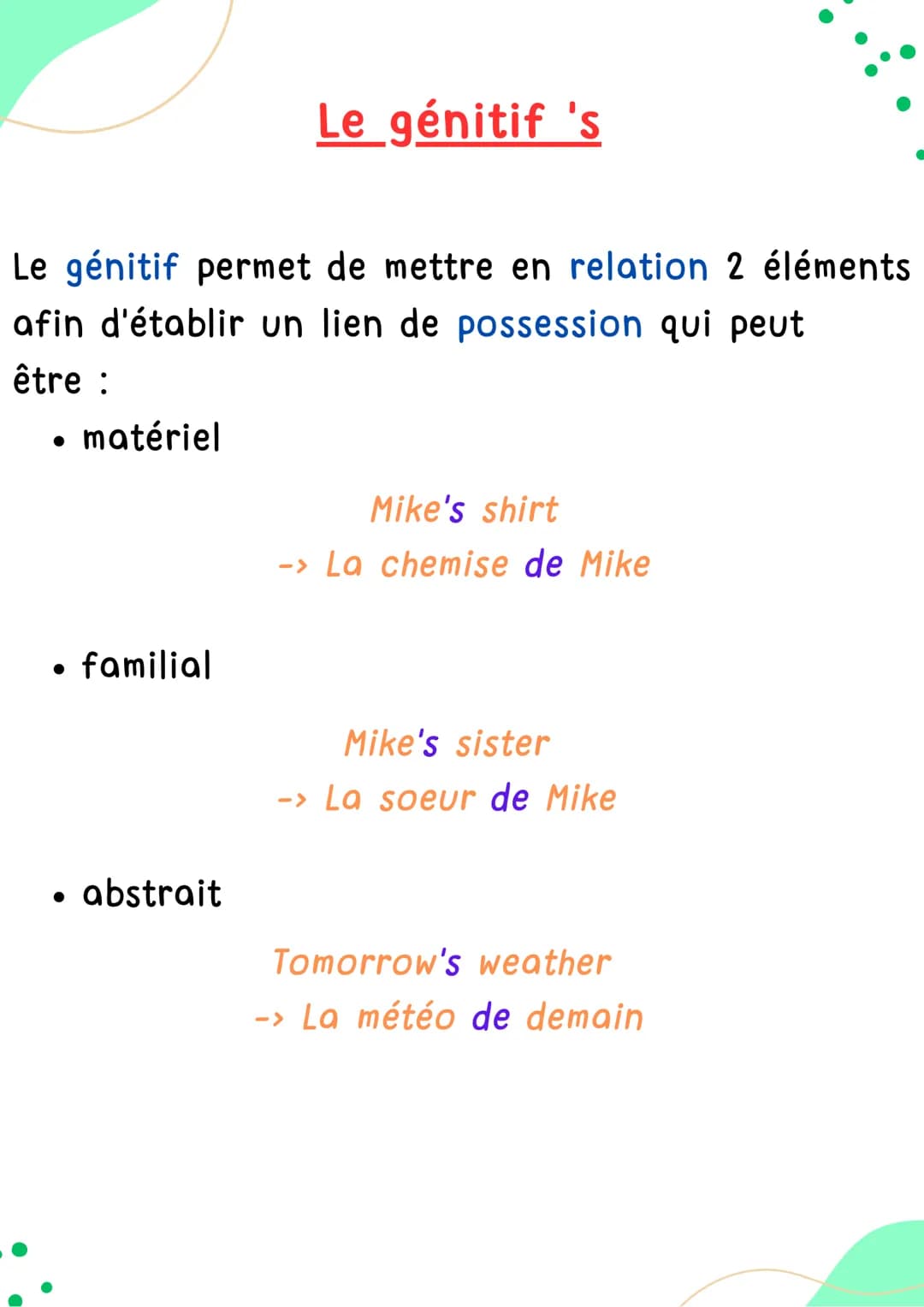 LA POSSESSION
GÉNITIF 'S
Anglais
AAA
100
ETELELE!!!
HELLO! Le génitif permet de mettre en relation 2 éléments
afin d'établir un lien de poss