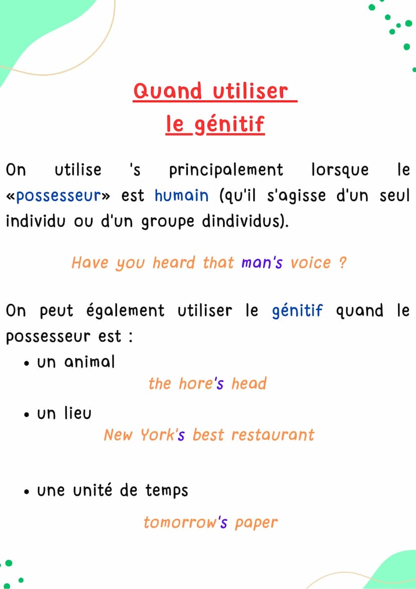 LA POSSESSION
GÉNITIF 'S
Anglais
AAA
100
ETELELE!!!
HELLO! Le génitif permet de mettre en relation 2 éléments
afin d'établir un lien de poss