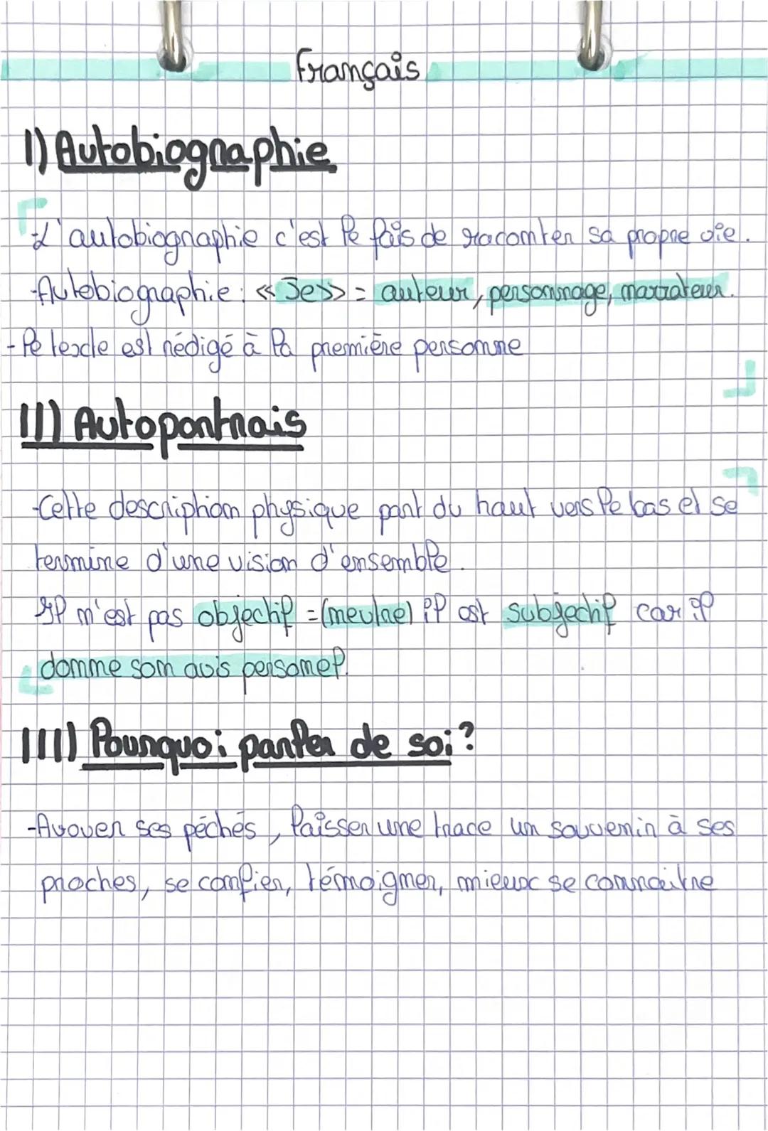 Français
1) Autobiographie
2 autobiographie c'est le fais de raconter sa propre die
-Autobiographie: « Jes>= autour, personnage, marrateur
-