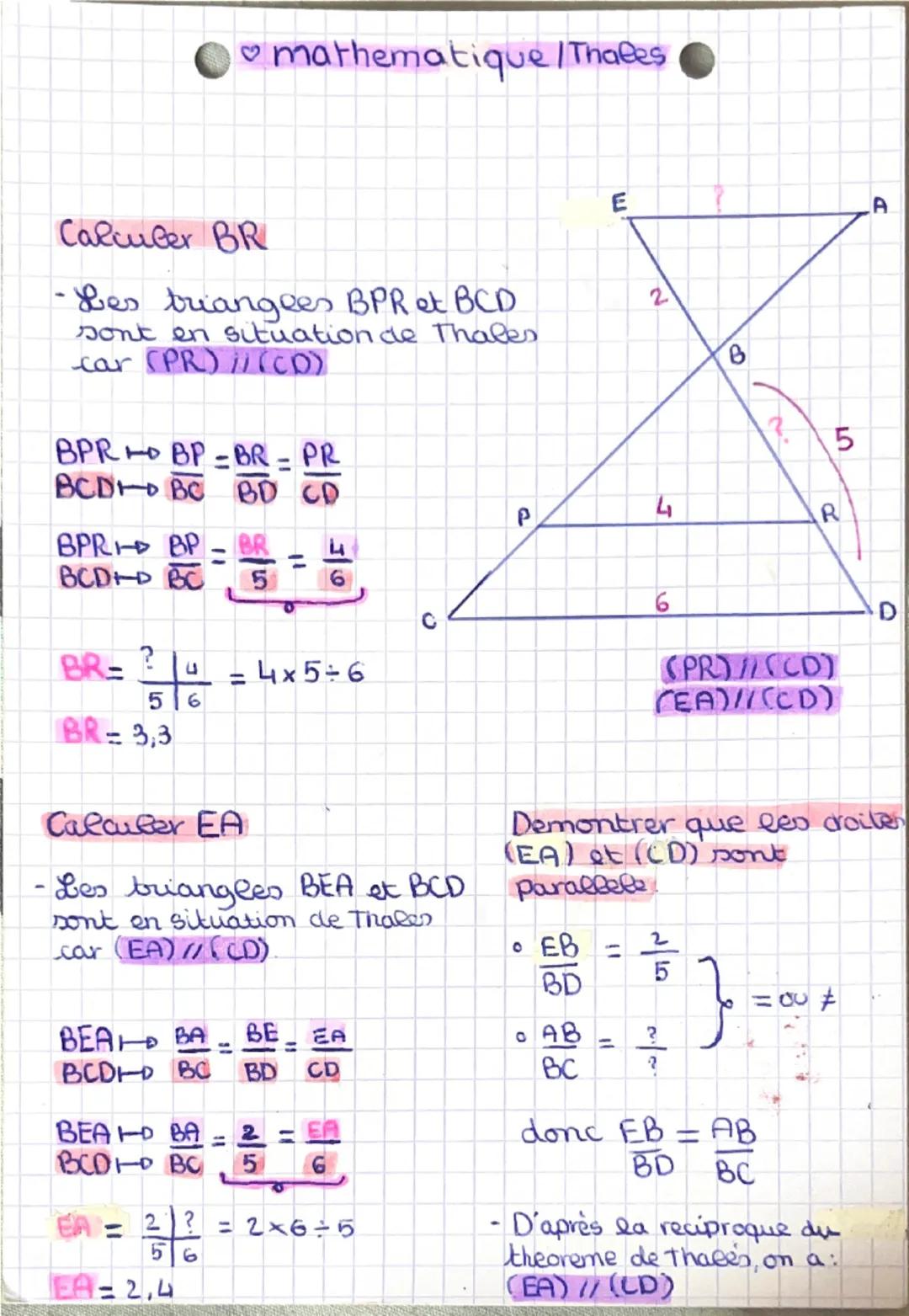 # mathématique / Thales

Calculer BR

- Les triangees BPR et BCD
sont en situation de Thales
car (PR) (CD)

BPR BPBR - PR
BCD BC BD CD

BPR 