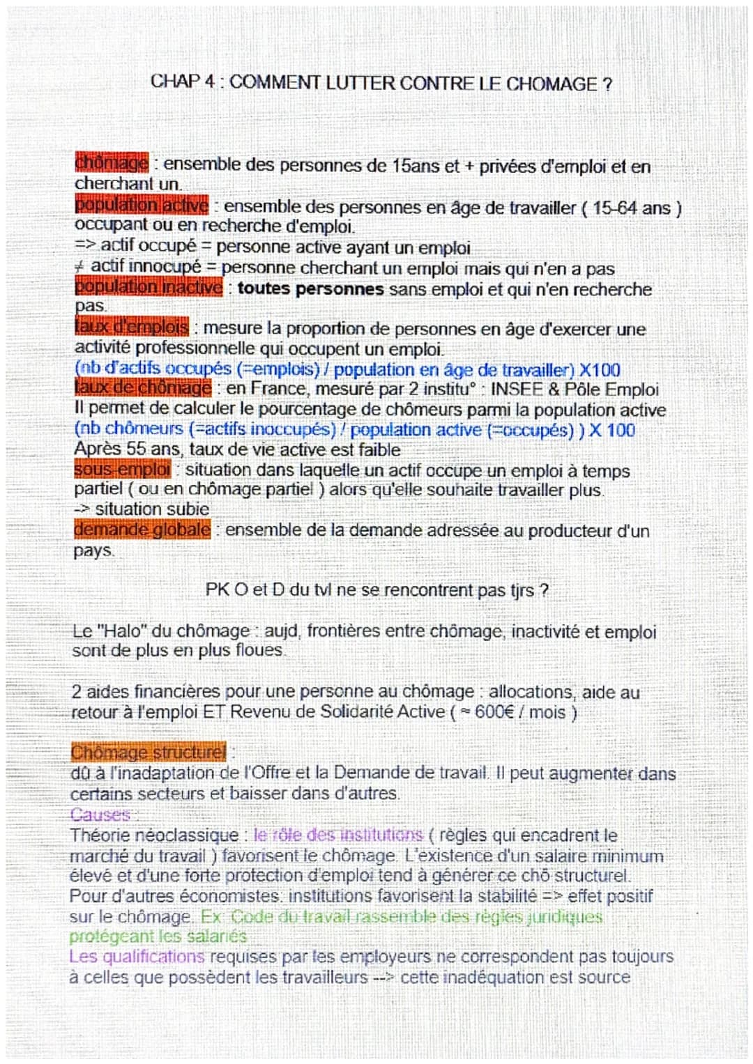 CHAP 4: COMMENT LUTTER CONTRE LE CHOMAGE?
chômage : ensemble des personnes de 15ans et + privées d'emploi et en
cherchant un.
population act