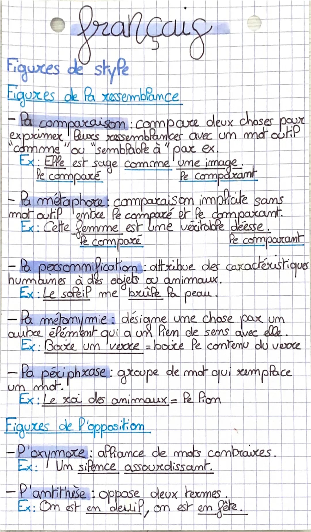 français
Figures de style
Figures de Pa ressemblance
- Pa comparaison: compare deux choses pour
exprimer lewes ressemblances avec um mot out