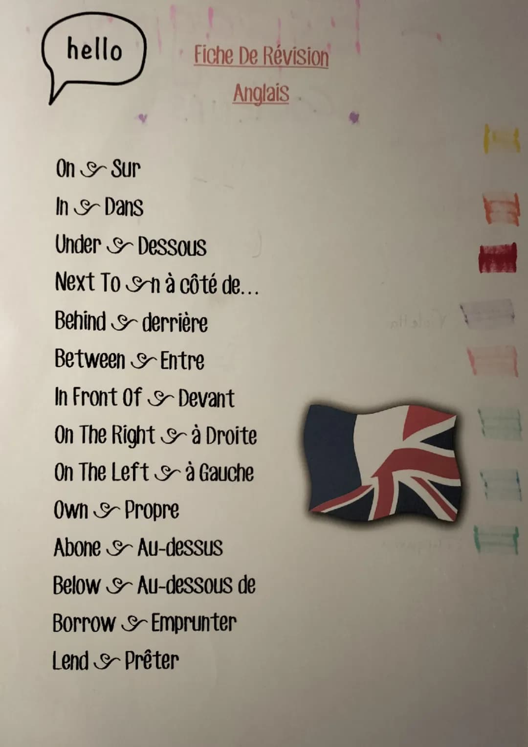 hello
Fiche De Révision
Anglais
On
Sur
In & Dans
Under Dessous
Next Ton à côté de...
Behind derrière
Between
Entre
In Front Of
On The Right
