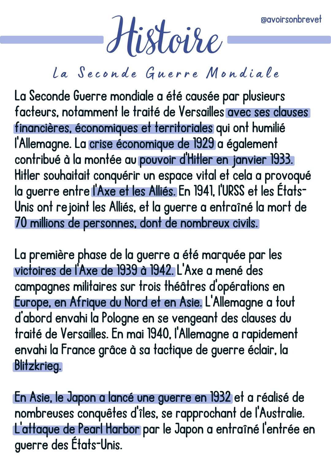 •Histoire
La Seconde Guerre Mondiale
La Seconde Guerre mondiale a été causée par plusieurs
facteurs, notamment le traité de Versailles avec 