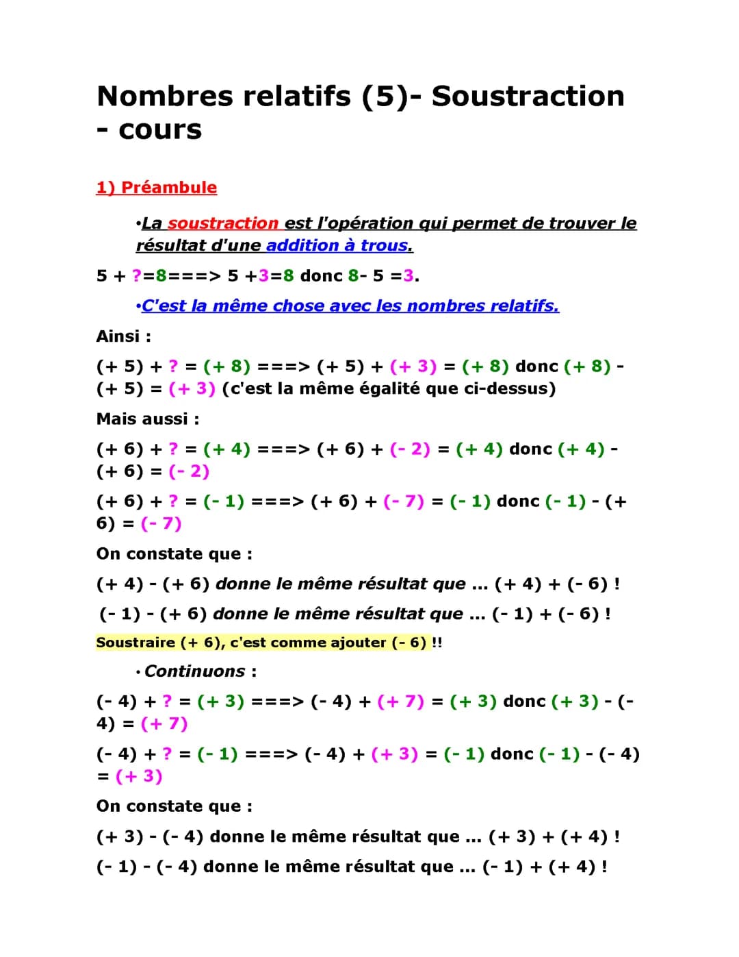 Nombre relatif soustraction et addition 