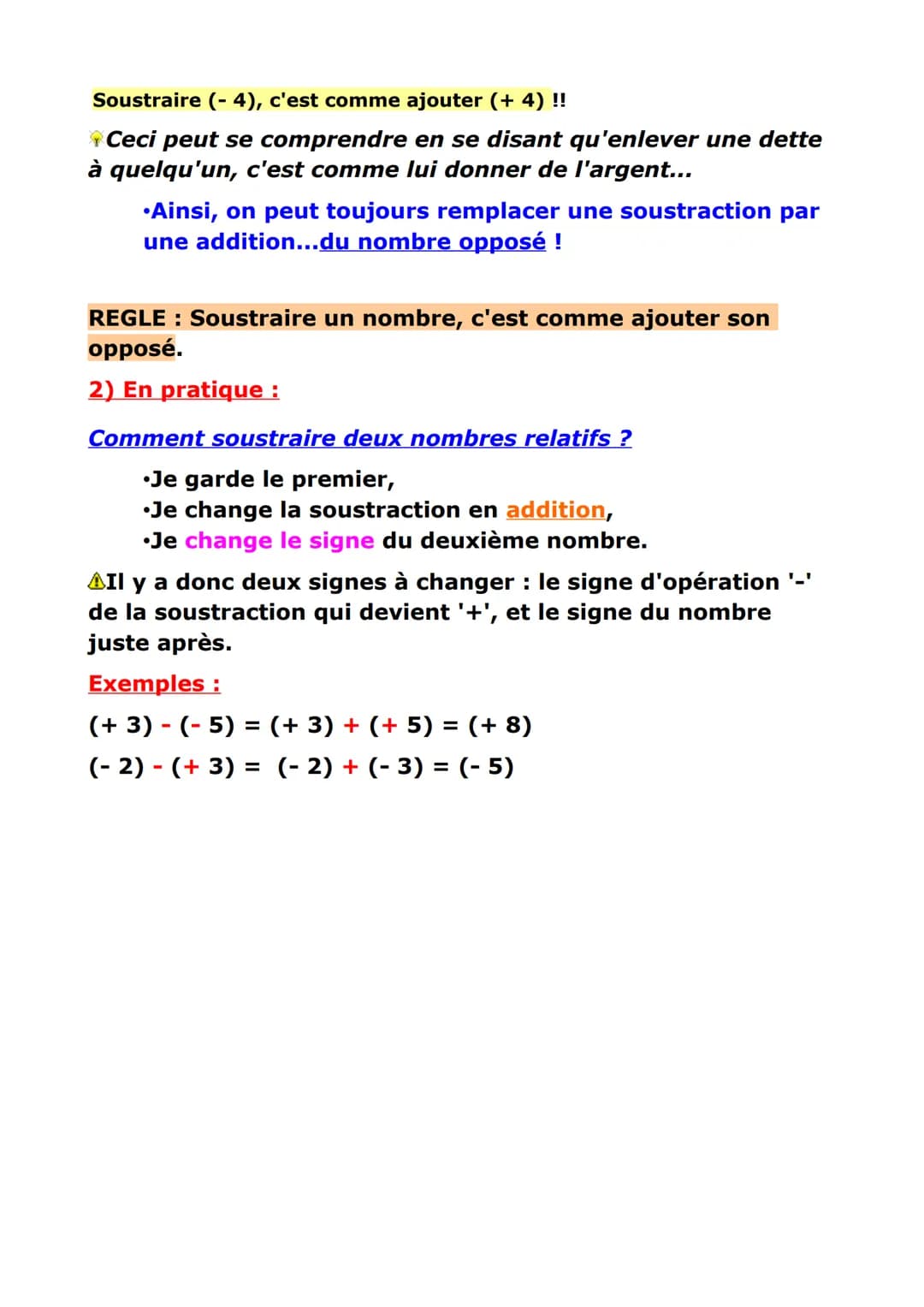 Nombres relatifs (5)- Soustraction
-
- cours
1) Préambule
•La soustraction est l'opération qui permet de trouver le
résultat d'une addition 