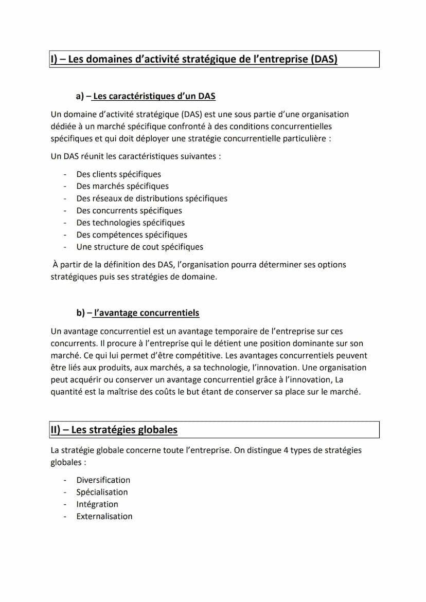 Chapitre 9) Quelles options stratégiques pour les
entreprises ?
Objectifs du chapitre :
Repérer les différents niveaux auxquels s'opèrent le