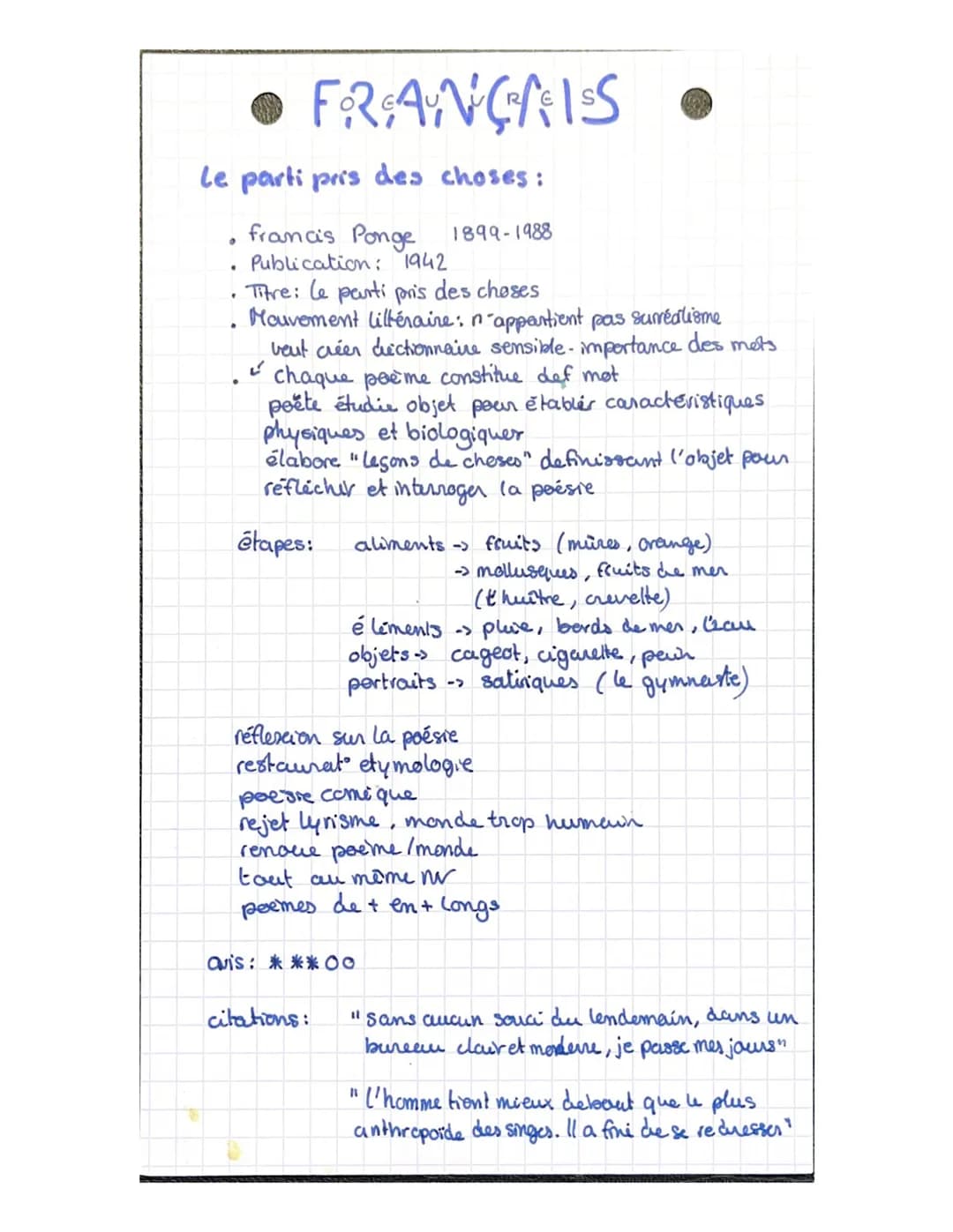 ● FRANÇAIS.
le parti pris des choses:
francis Ponge
Publication: 1942
.
• Titre: le parti pris des choses
Mouvement littéraire: n'appartient