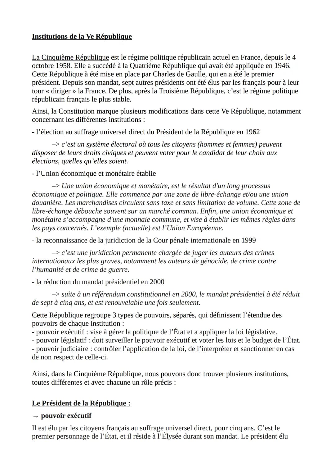 Institutions de la Ve République
La Cinquième République est le régime politique républicain actuel en France, depuis le 4
octobre 1958. Ell