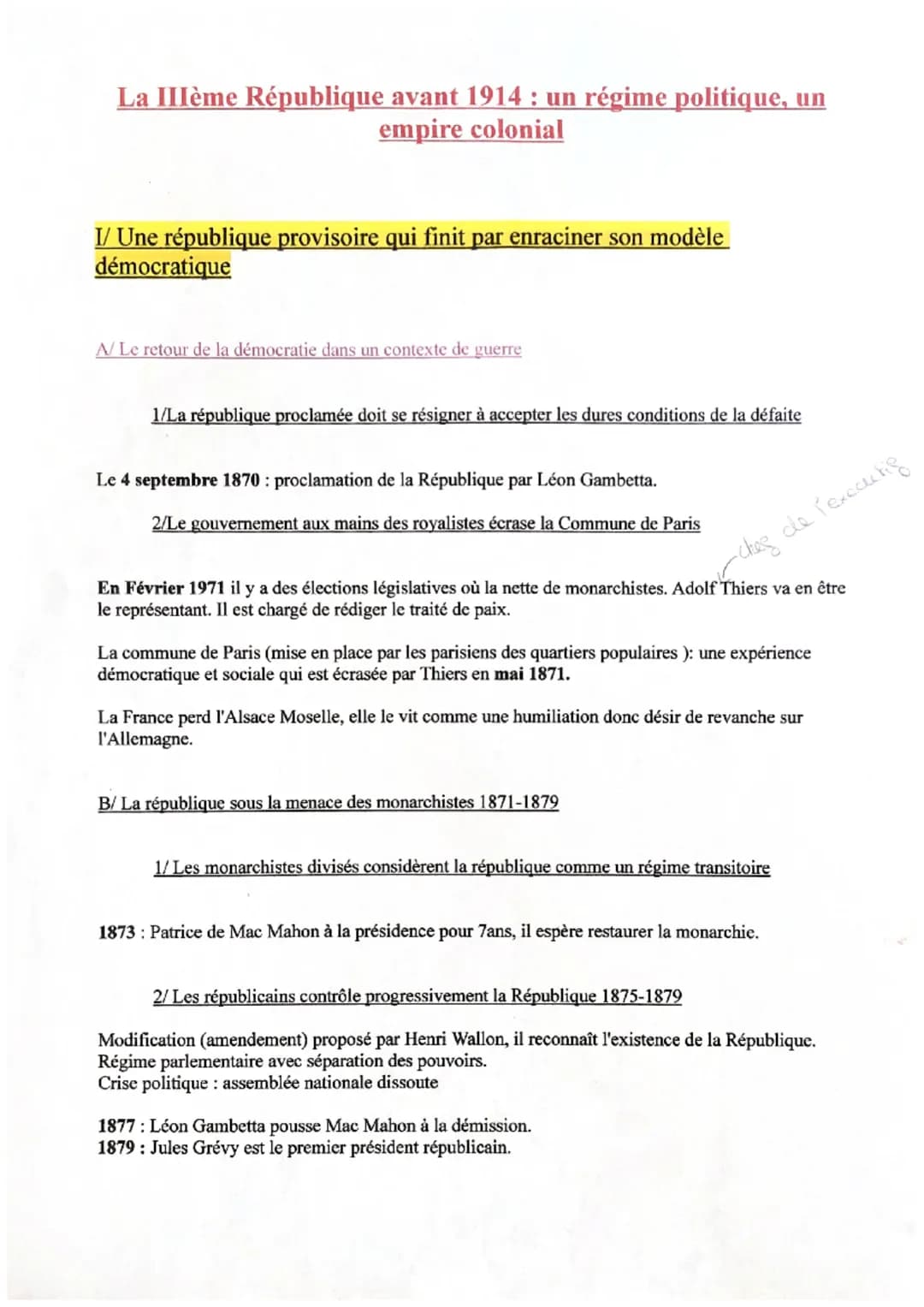 La IIIème République avant 1914: un régime politique, un
empire colonial
I/ Une république provisoire qui finit par enraciner son modèle
dém
