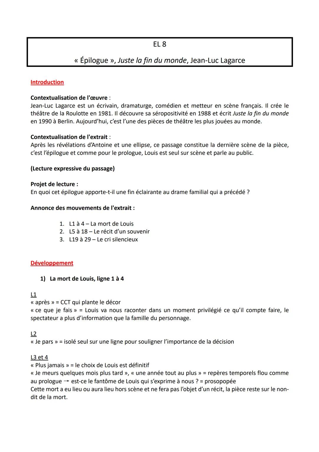 Introduction

EL 8
<< Épilogue >>, Juste la fin du monde, Jean-Luc Lagarce

Contextualisation de l'œuvre :
Jean-Luc Lagarce est un écrivain,
