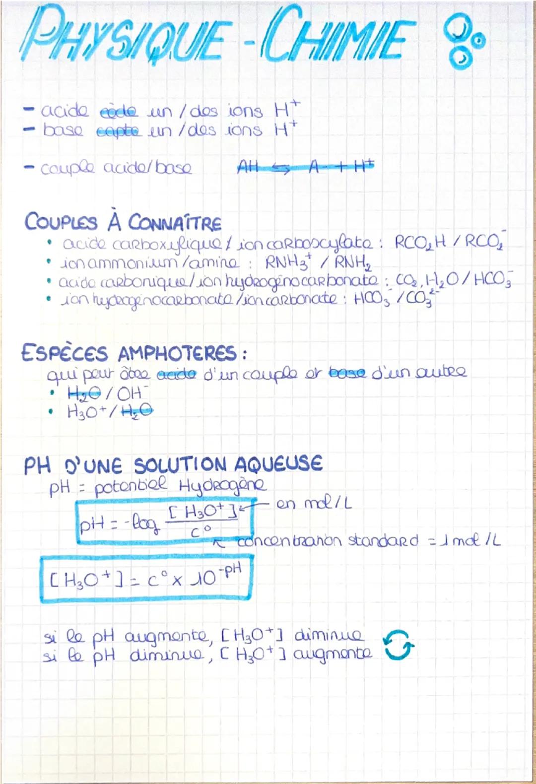 PHYSIQUE - CHIMIE O
-
acide code un /des ions H+
base capte un /des ions H*
couple acide/base
COUPLES À CONNAÎTRE
AH AH
• acide carboxylique