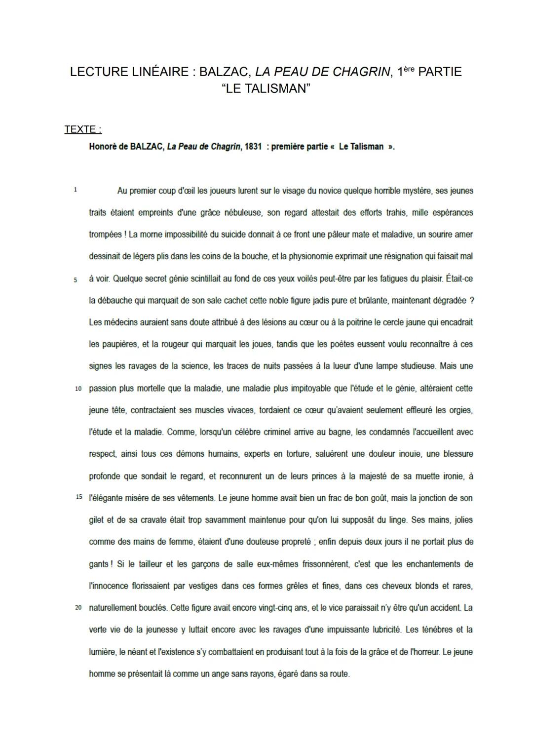 LECTURE LINÉAIRE: BALZAC, LA PEAU DE CHAGRIN, 1ère PARTIE
"LE TALISMAN"
TEXTE :
1
5
Honoré de BALZAC, La Peau de Chagrin, 1831: première par