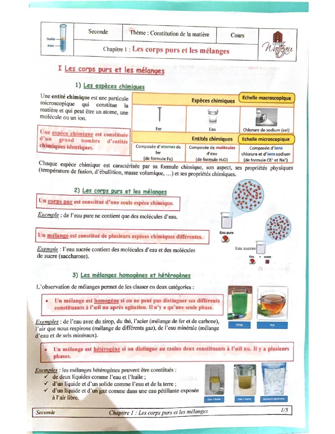 Mélange et corps pur chimie 2nde