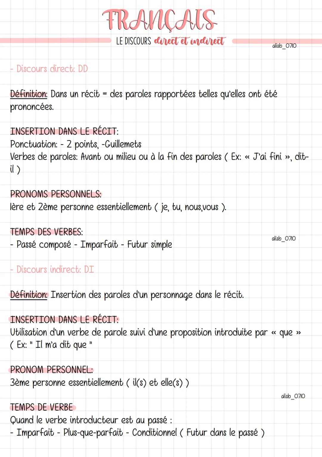 - Discours direct: DD
FRANÇAIS
LE DISCOURS direct et indirect
Définition: Dans un récit = des paroles rapportées telles qu'elles ont été
pro